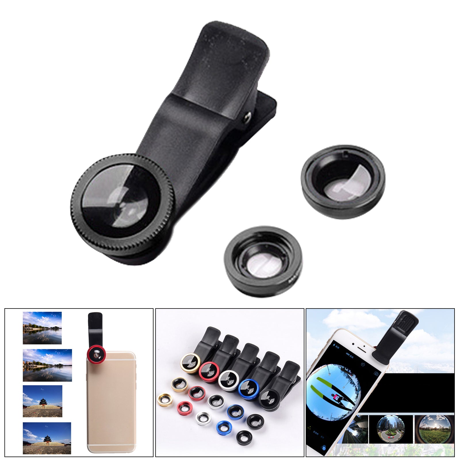 3 in 1 Phone Lens Clip-On Fisheye Lens Wide Angle Lens Macro Lens Black
