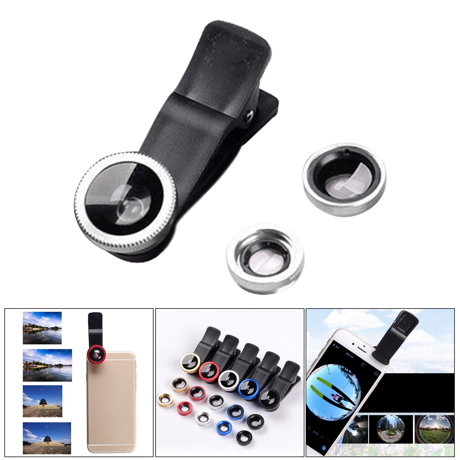 3 in 1 Phone Lens Clip-On Fisheye Lens Wide Angle Lens Macro Lens Silver