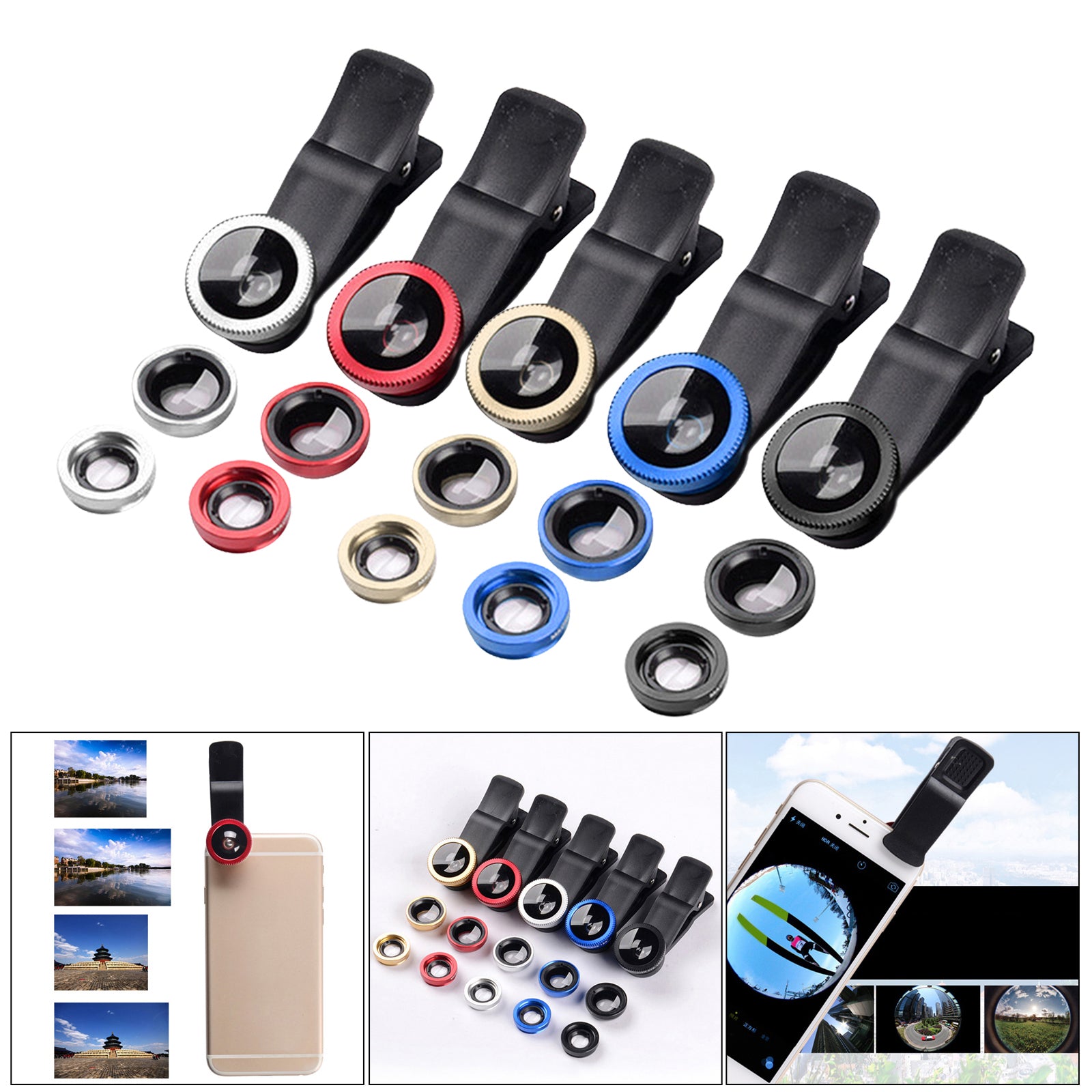 3 in 1 Phone Lens Clip-On Fisheye Lens Wide Angle Lens Macro Lens Silver