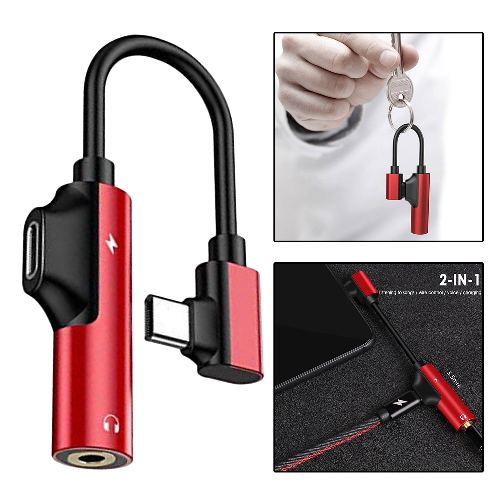 2-in-1 USB-C PD Headphone Jack Adapter for Aux Stereo Earphones red