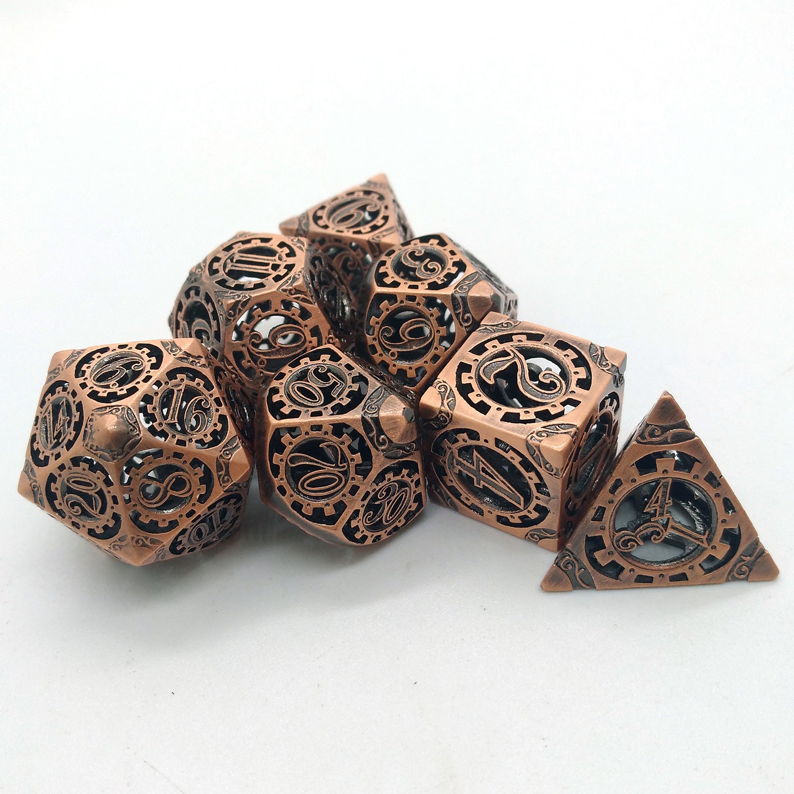 7Pcs Hollow Metal DND Game Dice Steampunk Gear Wheel for RPG MTG Red Copper