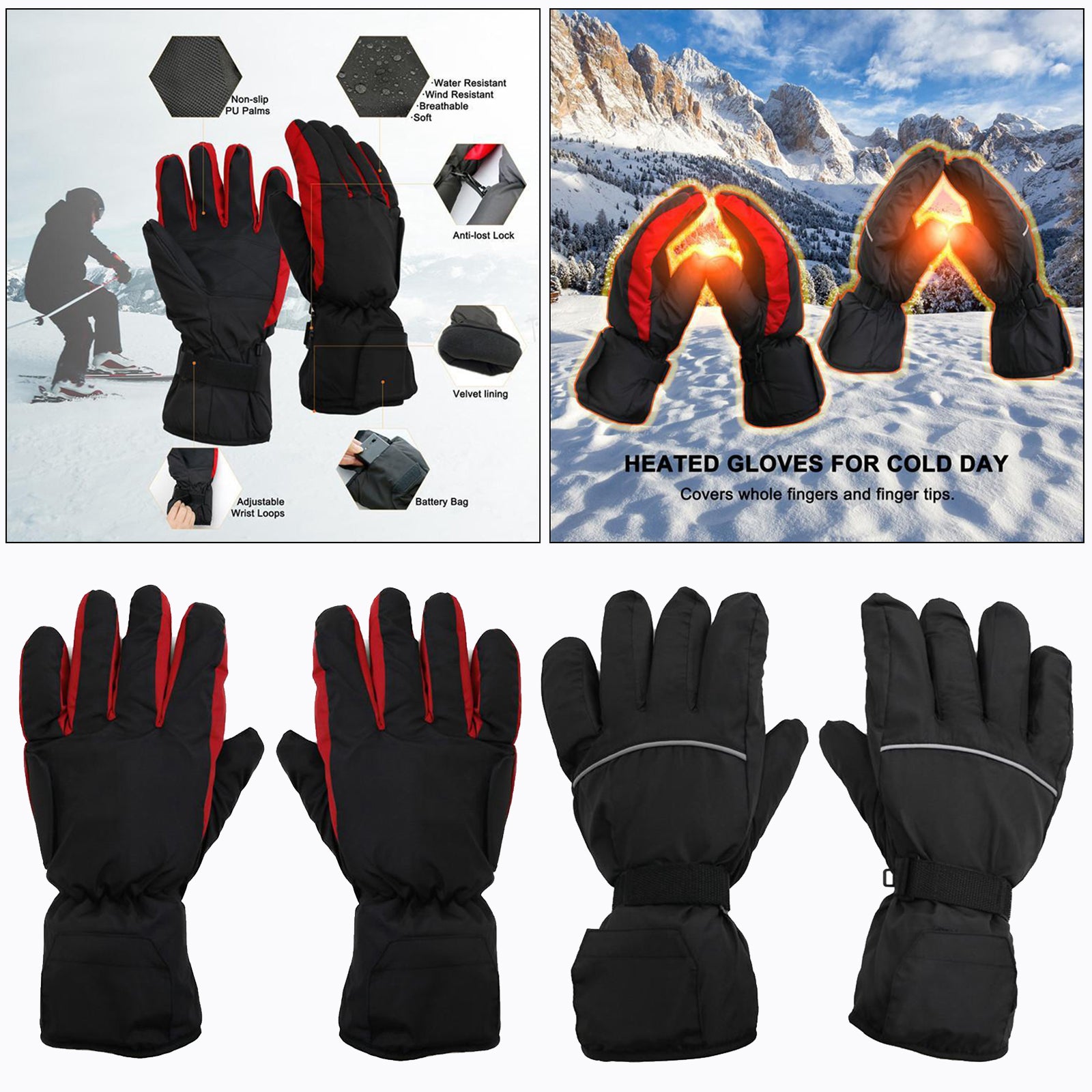 Winter Electric Heated Glove Rechargeable Battery Warm Hand Sport Black+Red