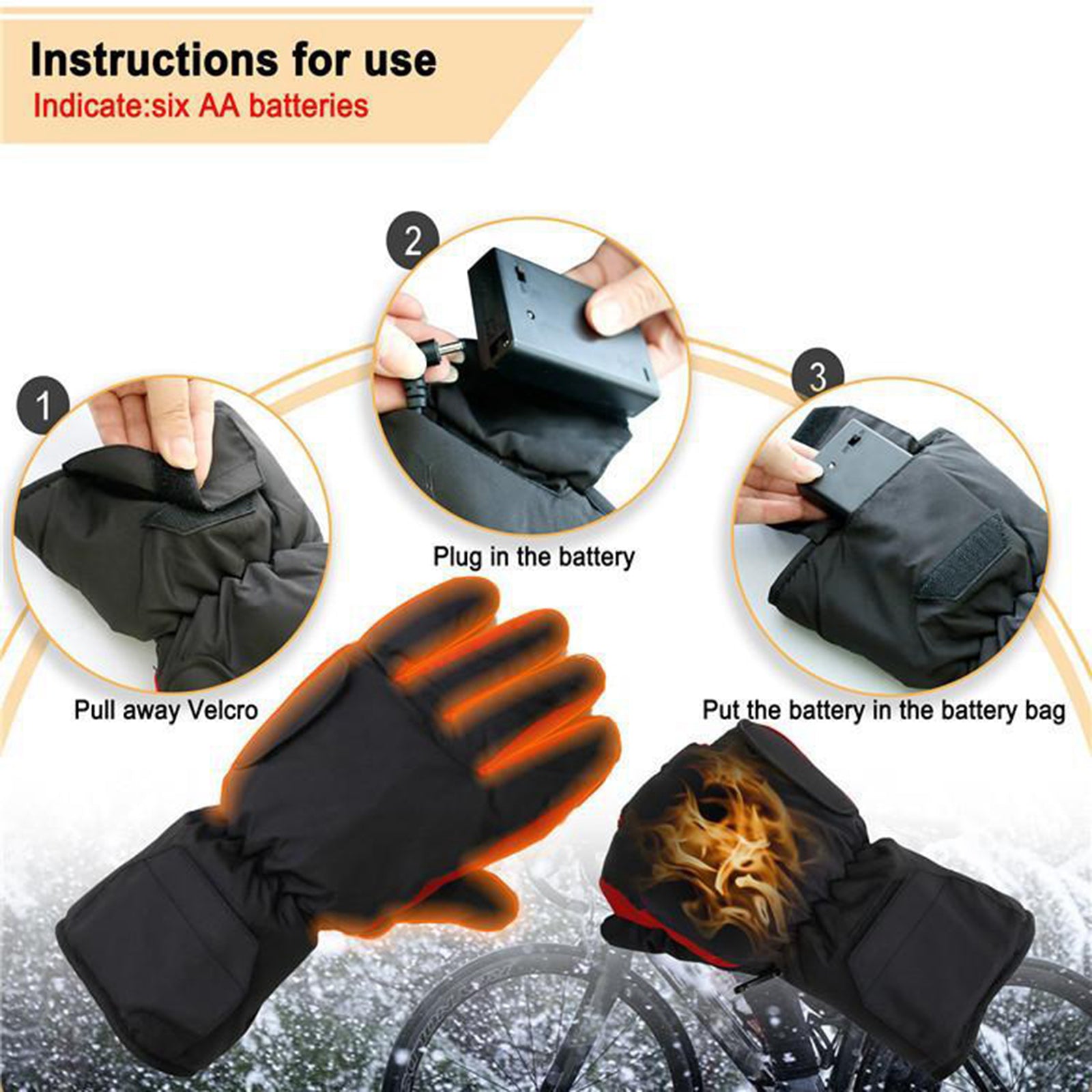 Winter Electric Heated Glove Rechargeable Battery Warm Hand Sport Black+Red