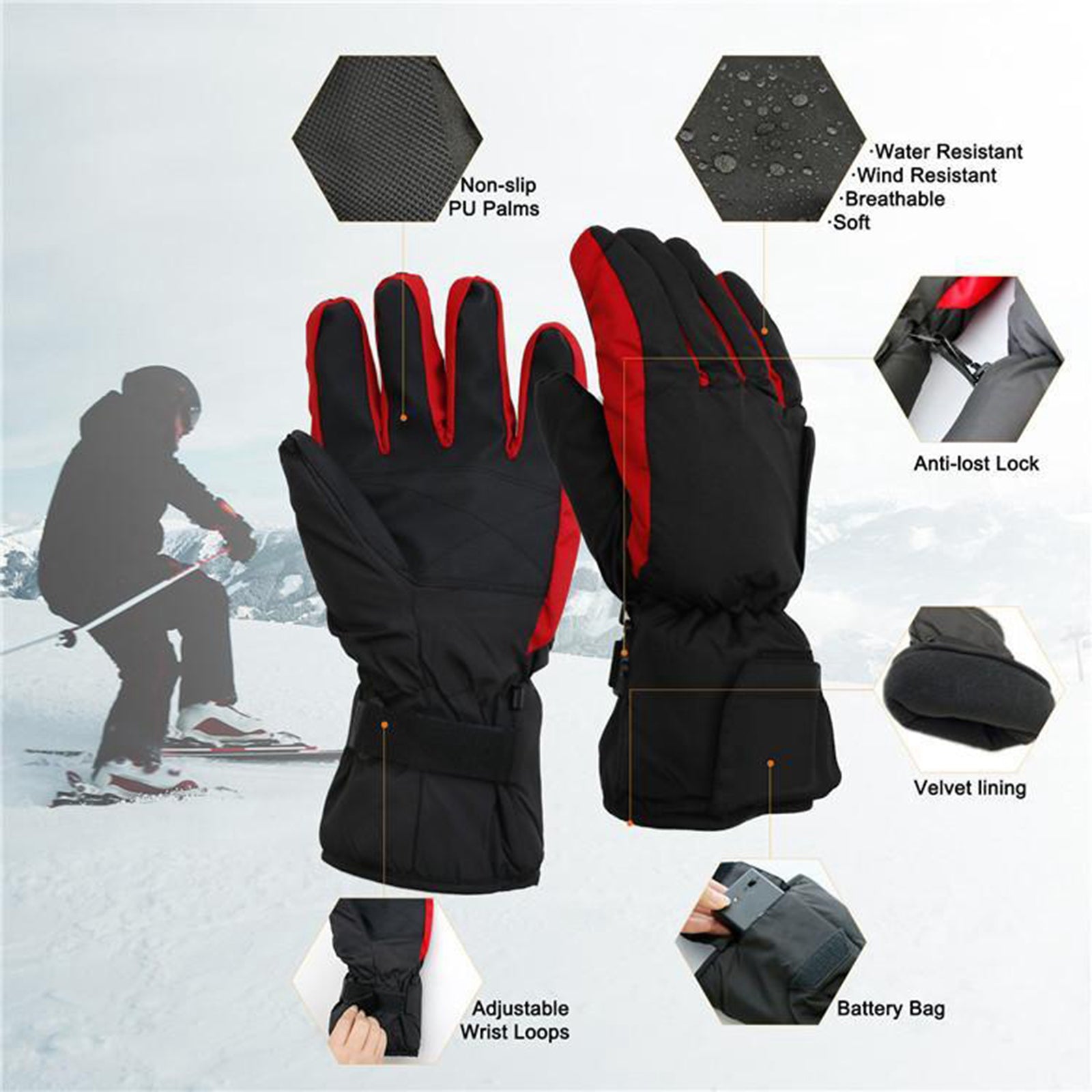 Winter Electric Heated Glove Rechargeable Battery Warm Hand Sport Black+Red