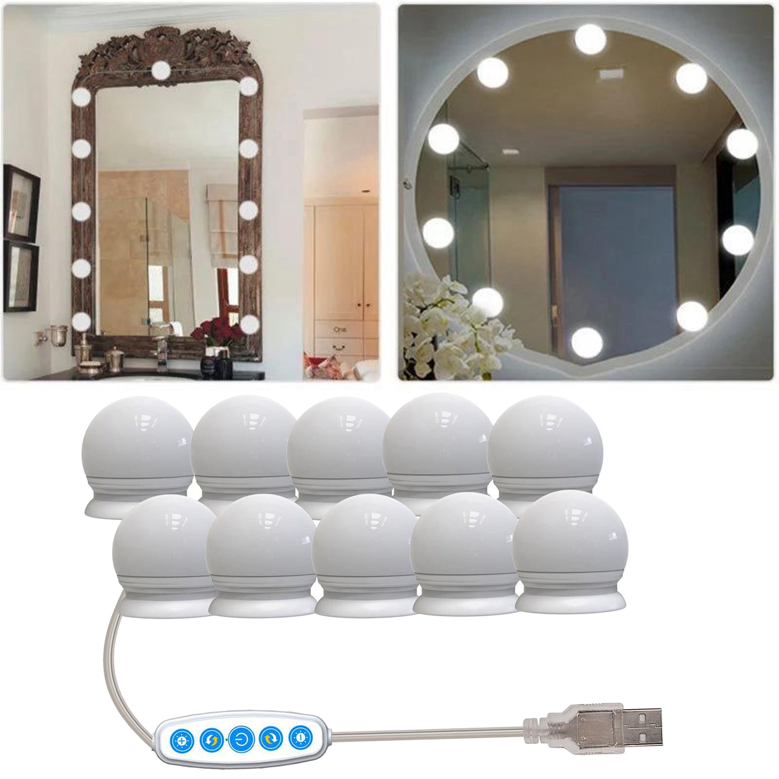 10 LED Hollywood Makeup Vanity Mirror Lights Bulbs Dimmable Tabletop or Wall