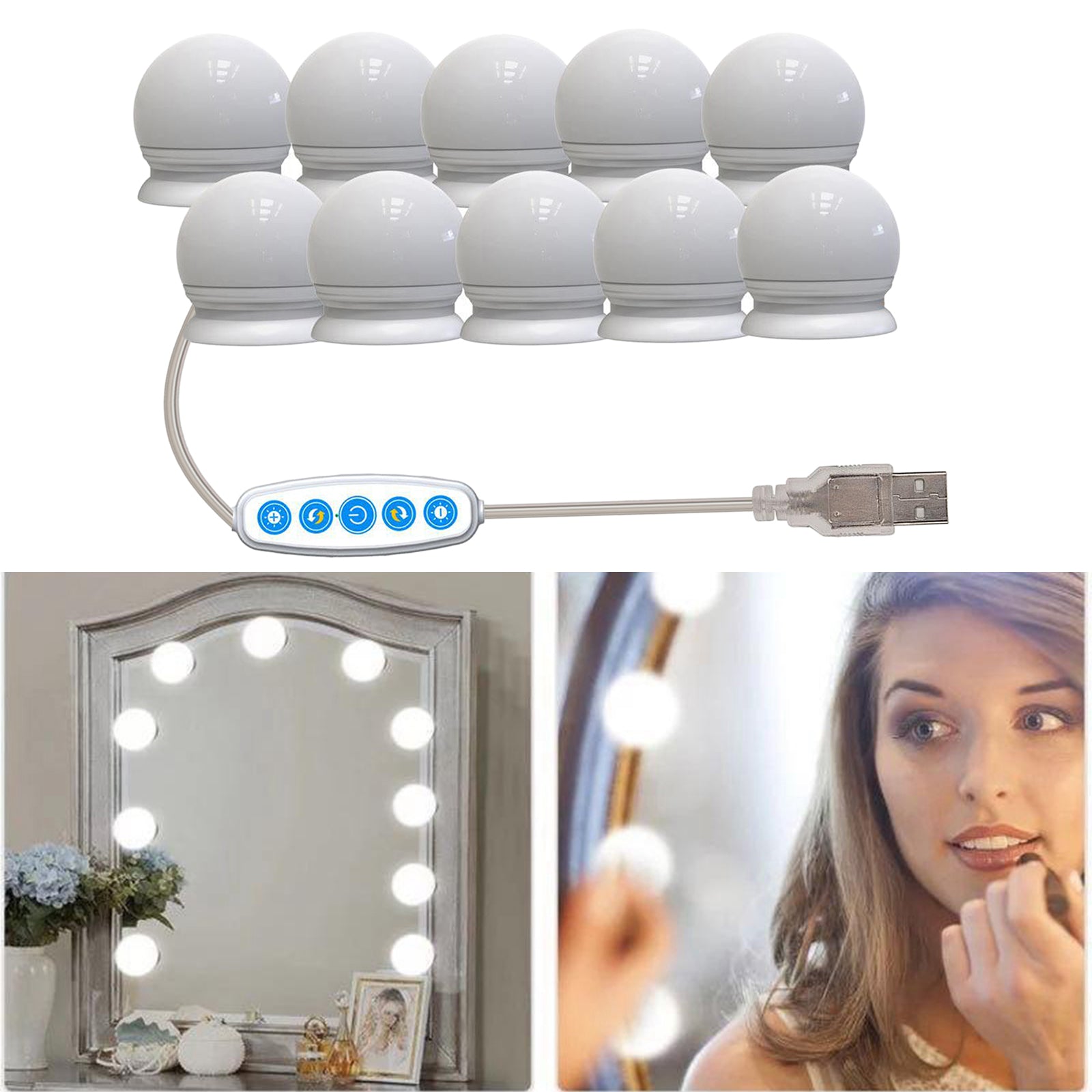 10 LED Hollywood Makeup Vanity Mirror Lights Bulbs Dimmable Tabletop or Wall