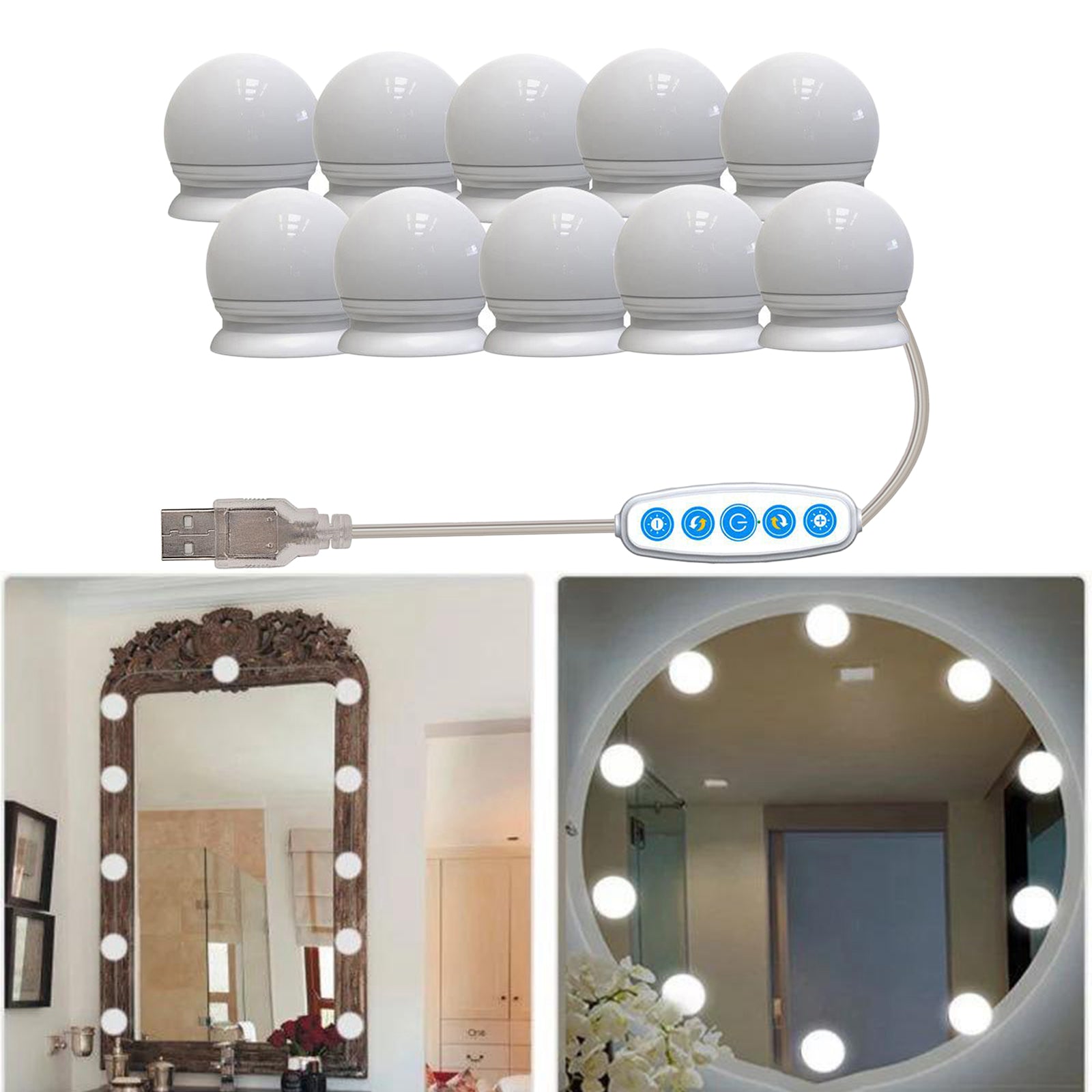 10 LED Hollywood Makeup Vanity Mirror Lights Bulbs Dimmable Tabletop or Wall