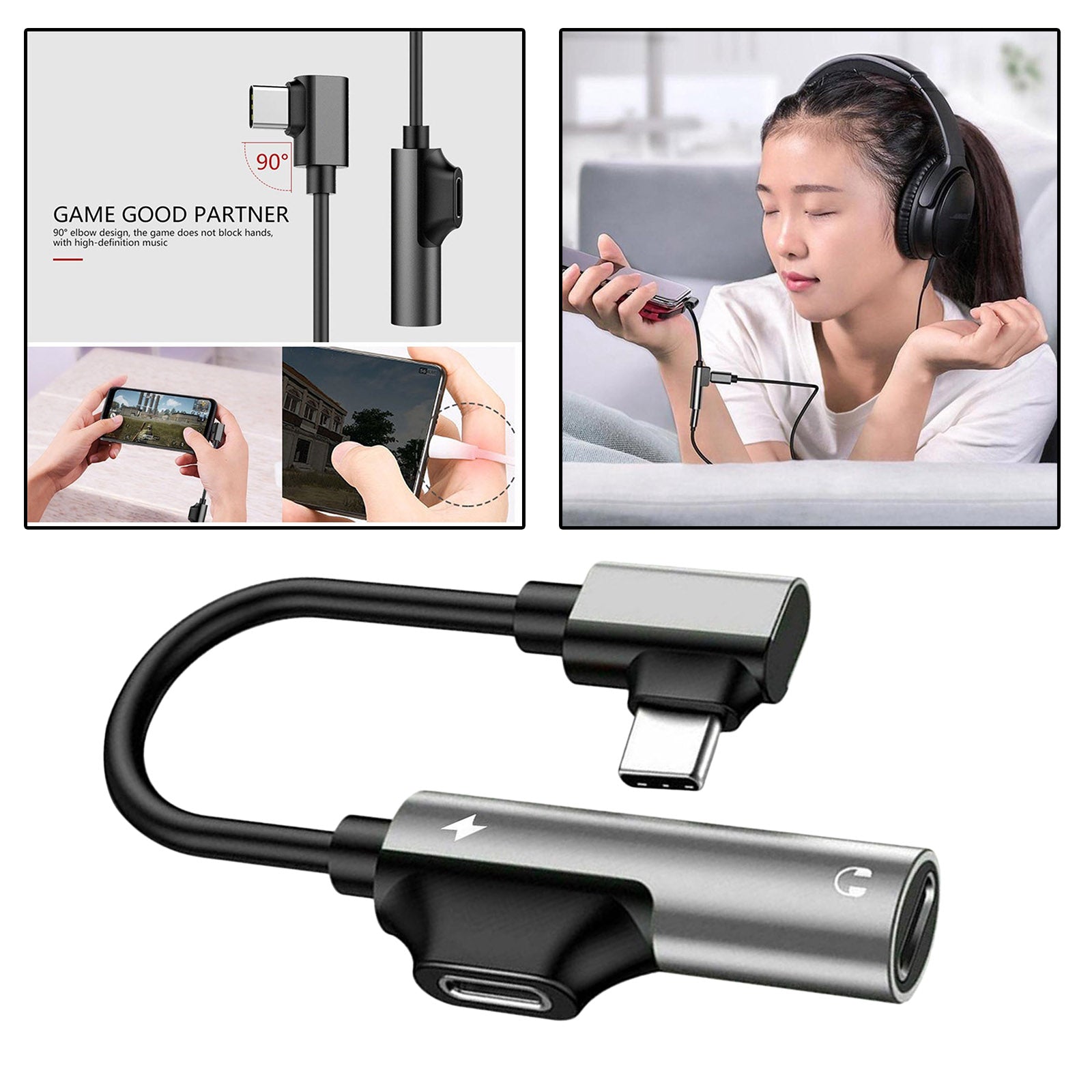 2-in-1 USB-C PD Headphone Jack Adapter for Aux Stereo Earphones silver