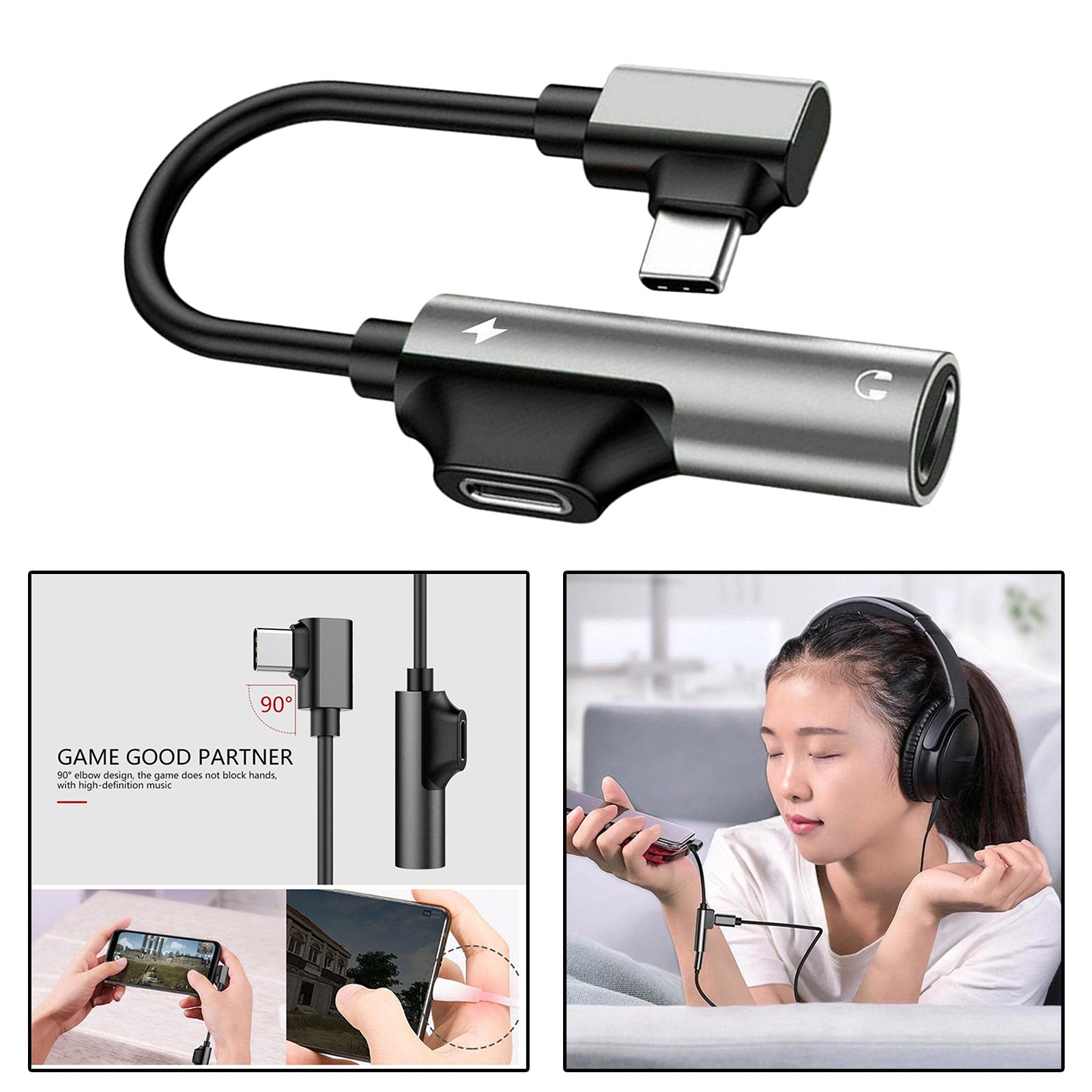 2-in-1 USB-C PD Headphone Jack Adapter for Aux Stereo Earphones silver