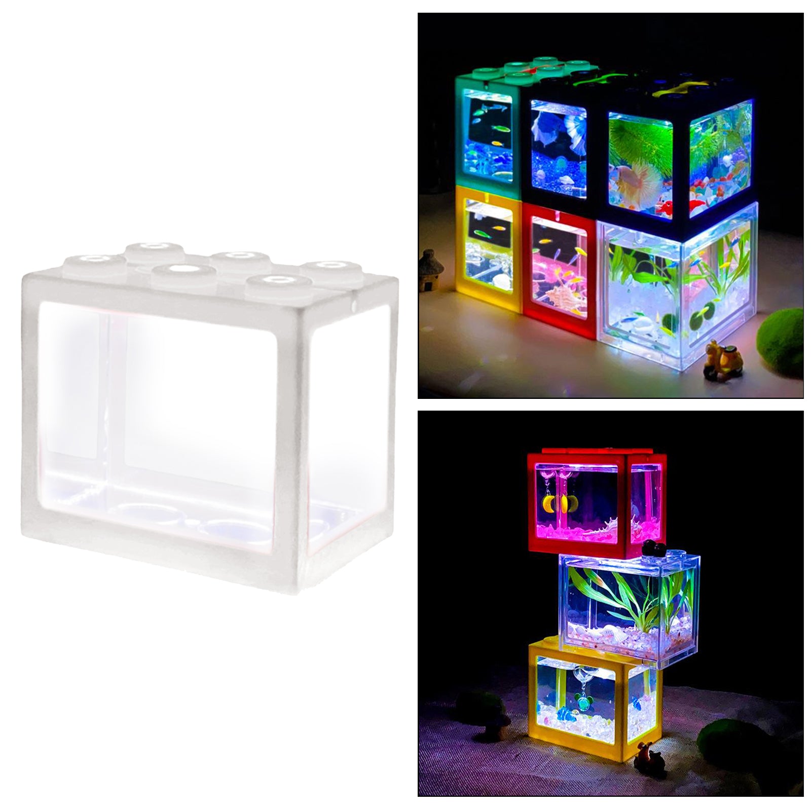 Mini Fish Tank LED Light Clear Ornament Aquarium Office Desktop Decor White