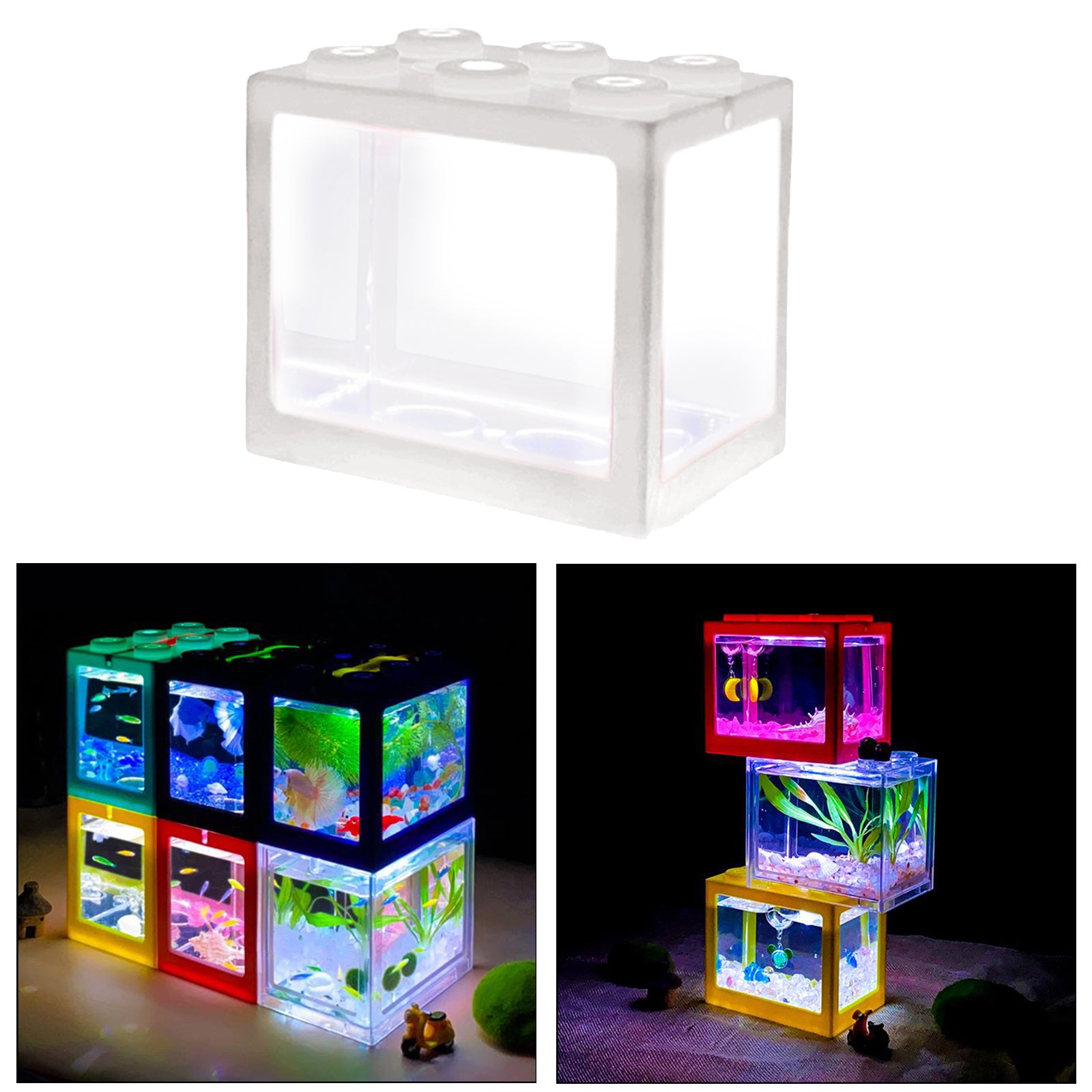 Mini Fish Tank LED Light Clear Ornament Aquarium Office Desktop Decor White