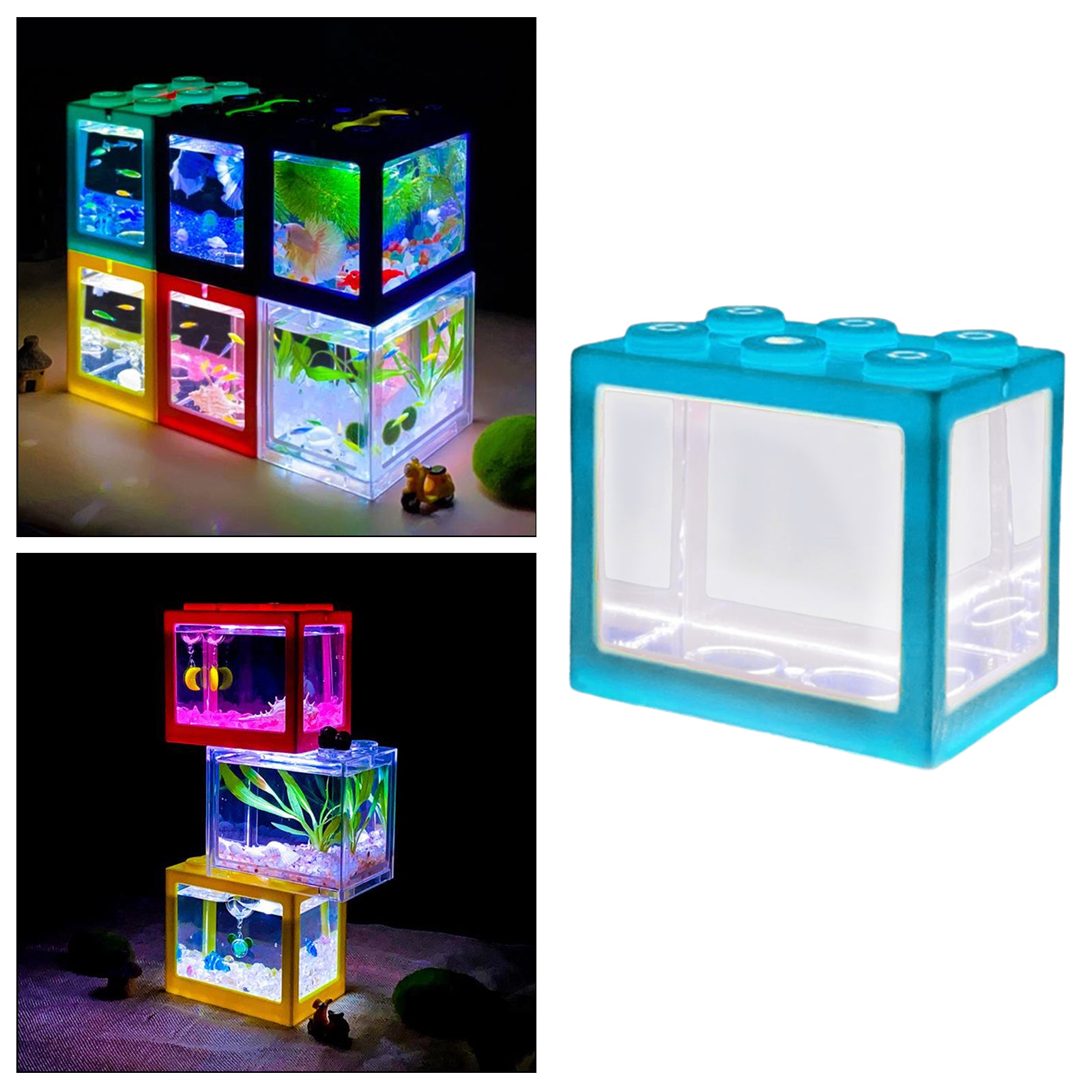 Mini Fish Tank LED Light Clear Ornament Aquarium Office Desktop Decor Blue