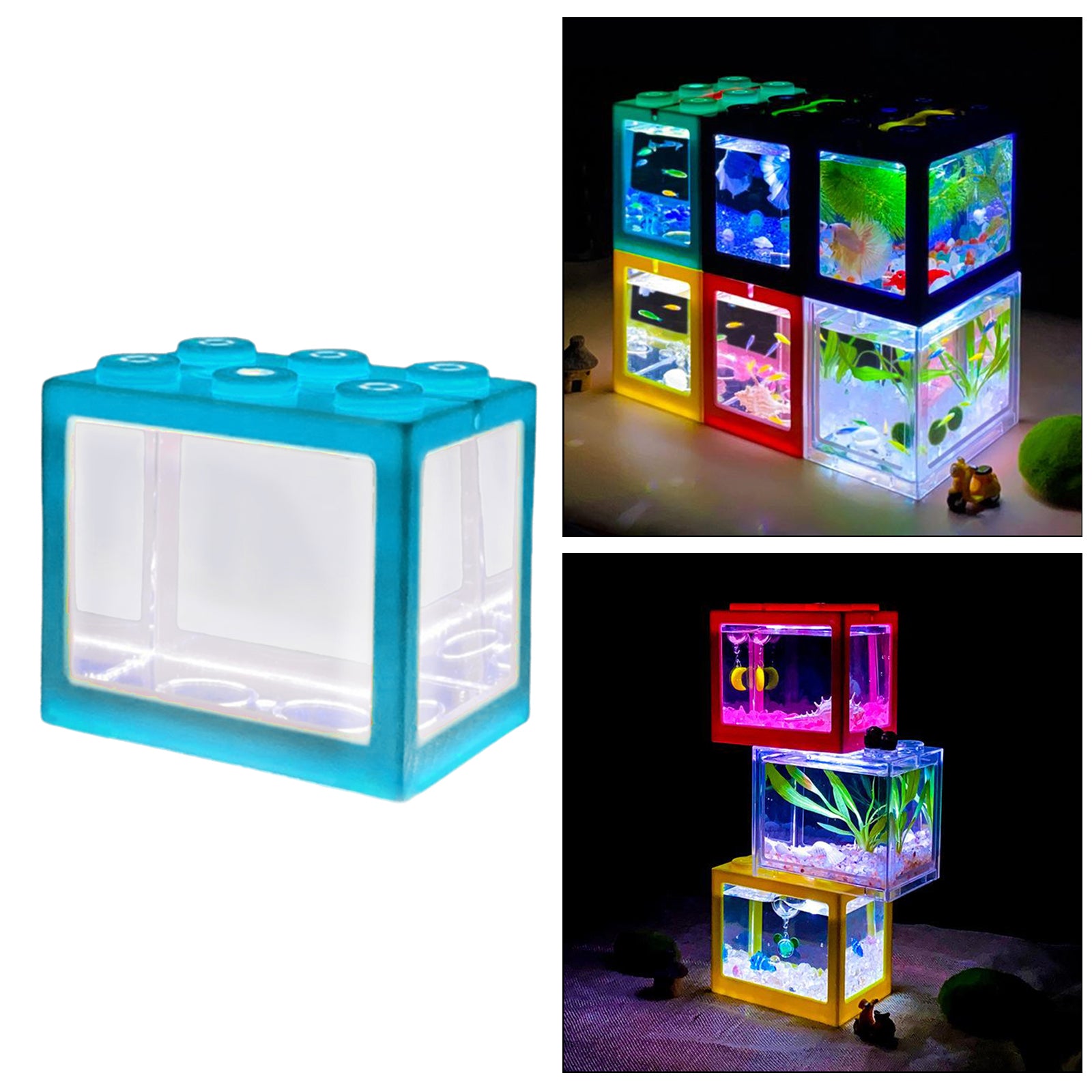 Mini Fish Tank LED Light Clear Ornament Aquarium Office Desktop Decor Blue