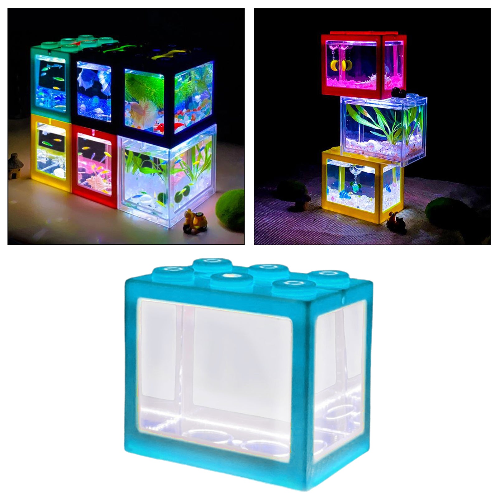 Mini Fish Tank LED Light Clear Ornament Aquarium Office Desktop Decor Blue