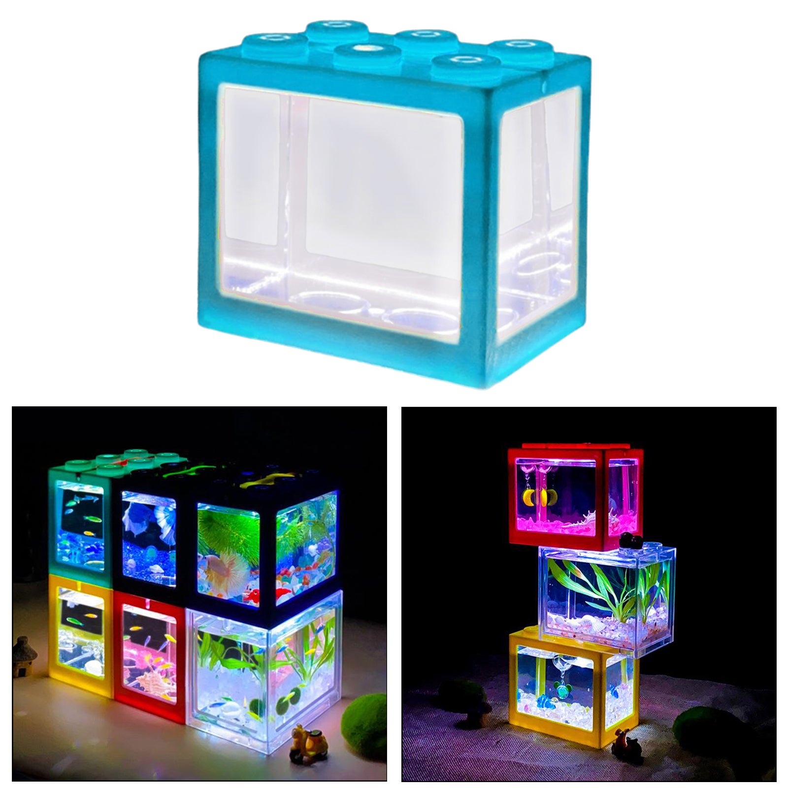 Mini Fish Tank LED Light Clear Ornament Aquarium Office Desktop Decor Blue