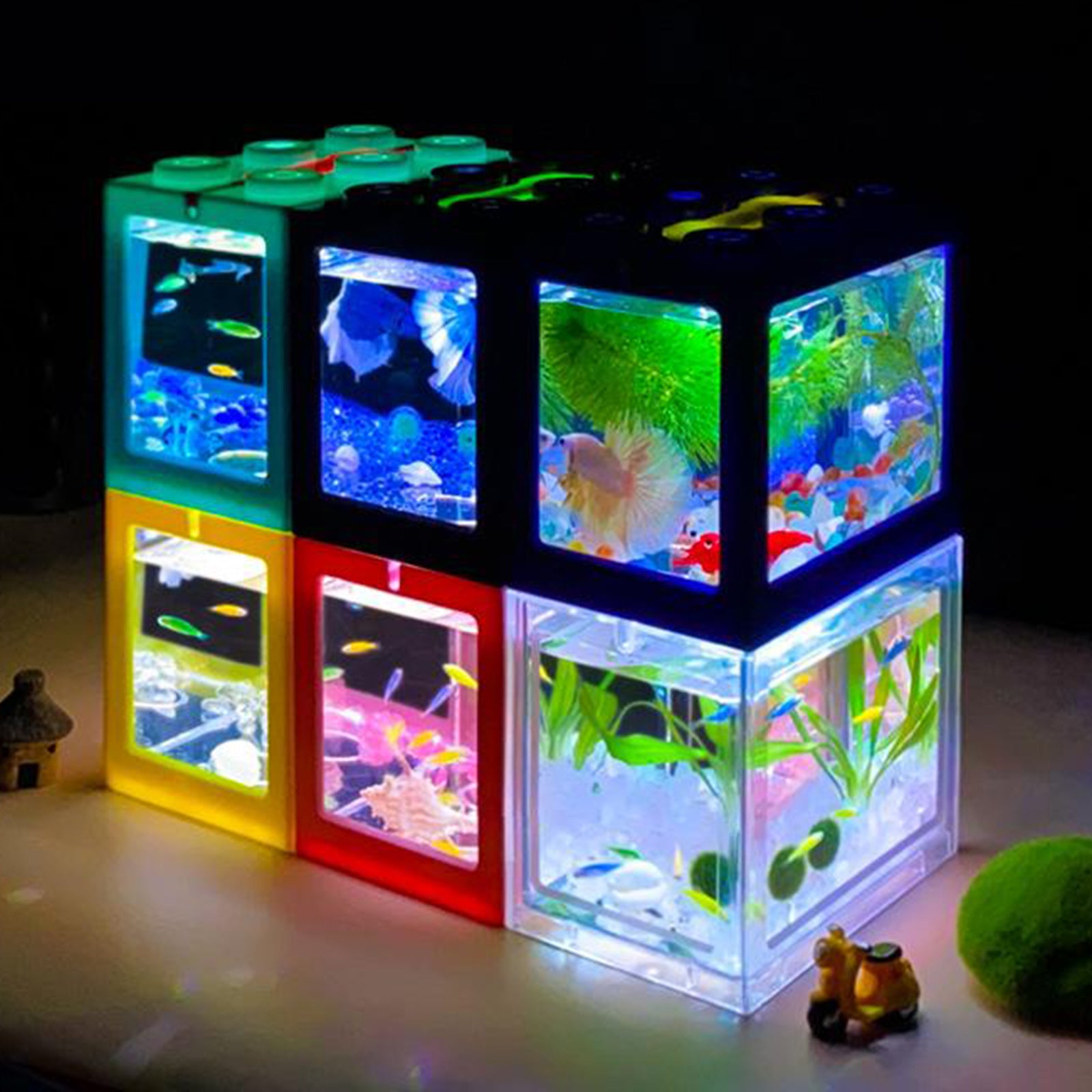 Mini Fish Tank LED Light Clear Ornament Aquarium Office Desktop Decor Black