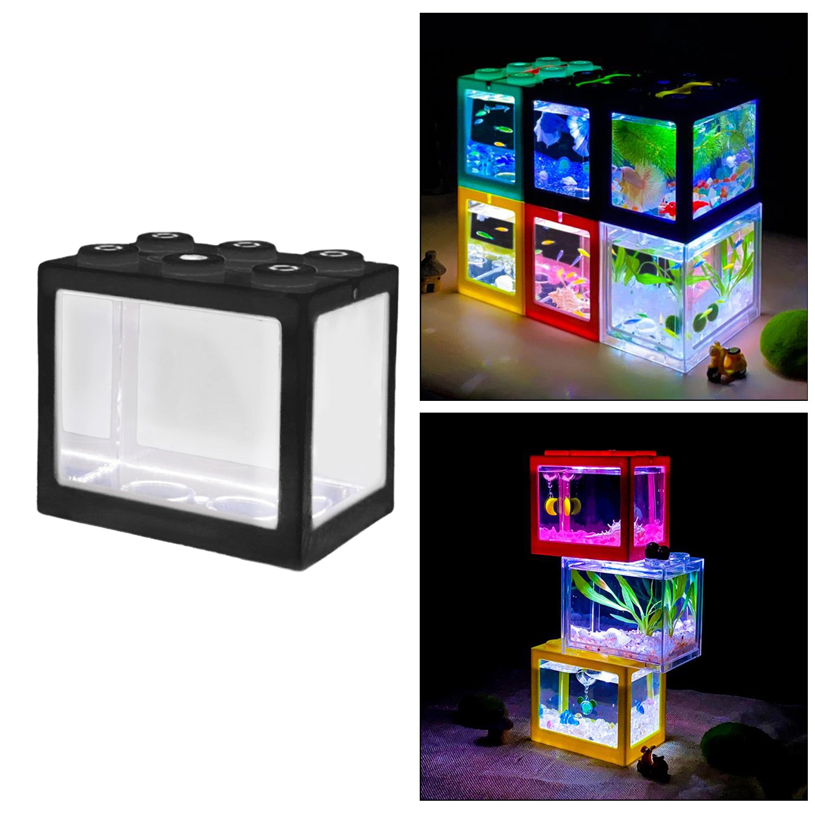 Mini Fish Tank LED Light Clear Ornament Aquarium Office Desktop Decor Black