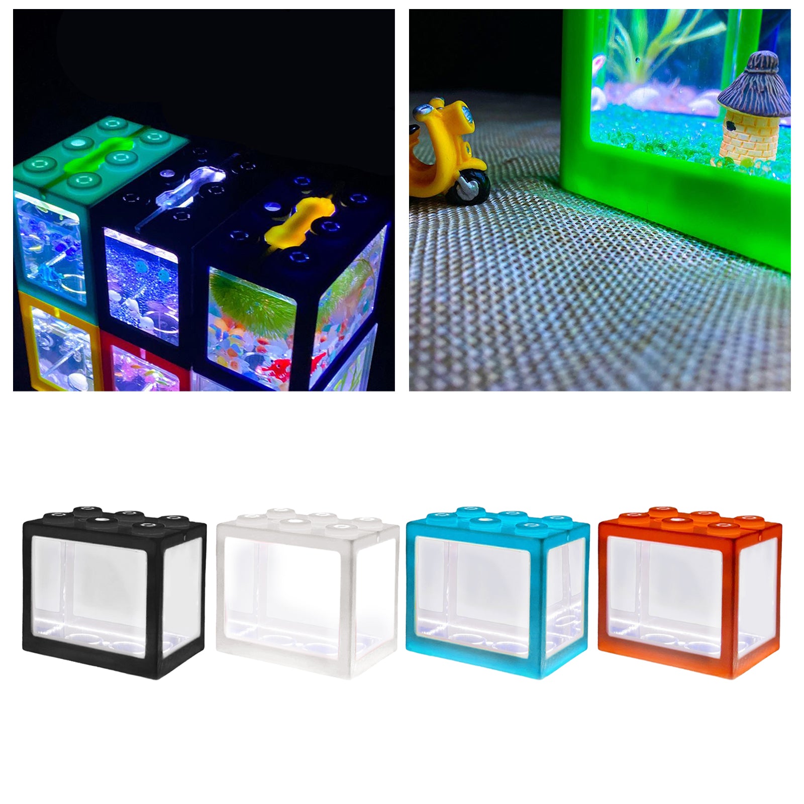 Mini Fish Tank LED Light Clear Ornament Aquarium Office Desktop Decor Black