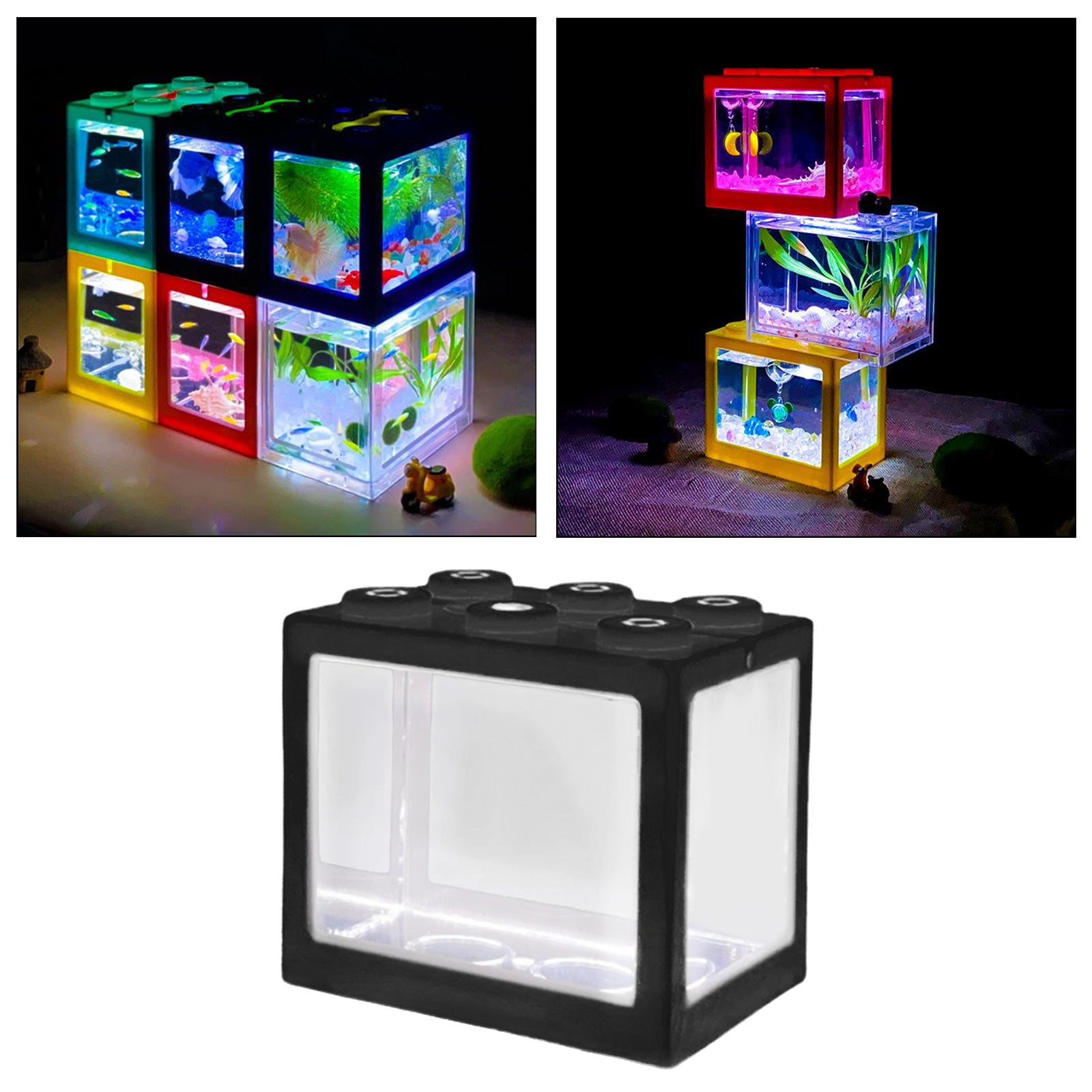 Mini Fish Tank LED Light Clear Ornament Aquarium Office Desktop Decor Black