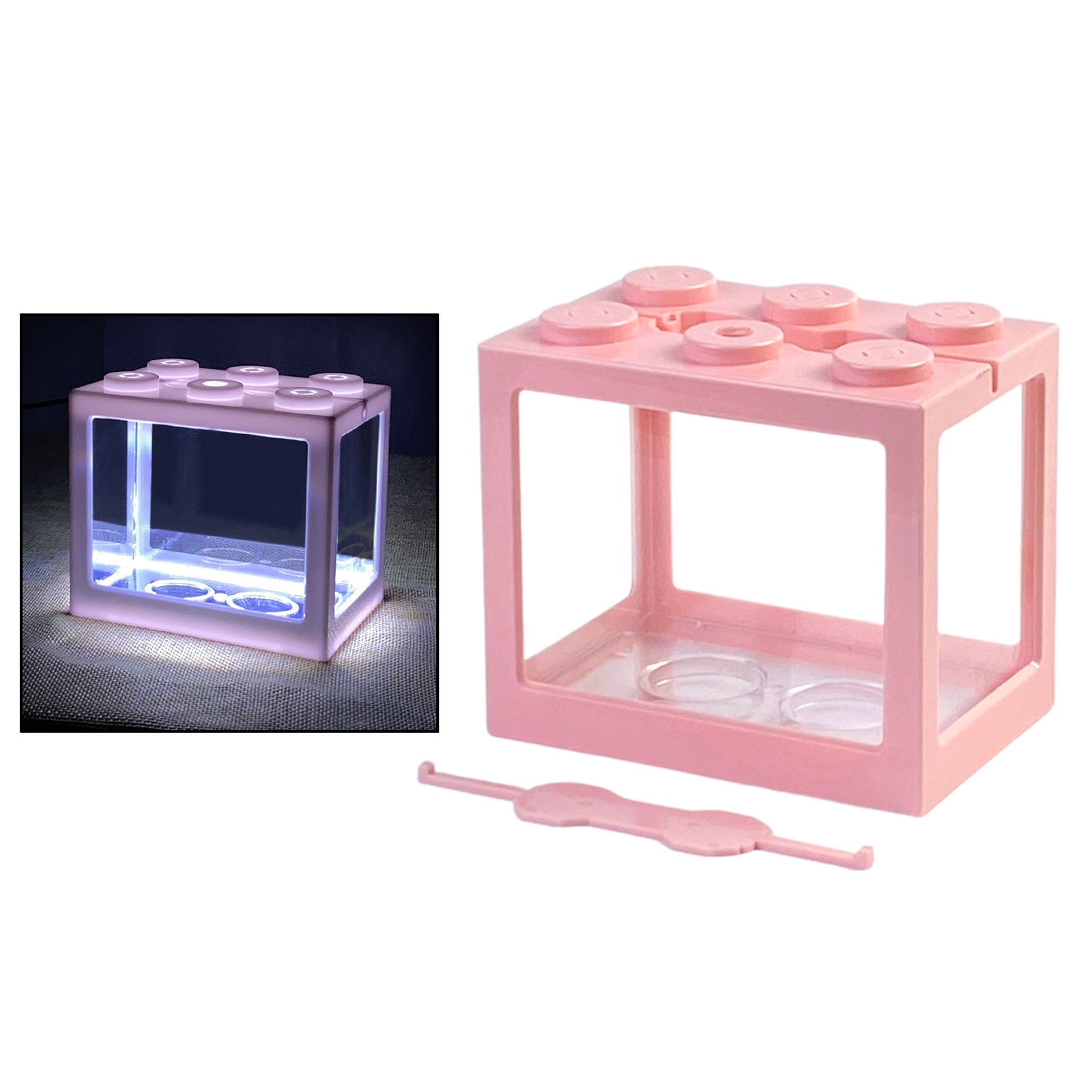 Mini Fish Tank LED Light Clear Ornament Aquarium Office Desktop Decor Pink