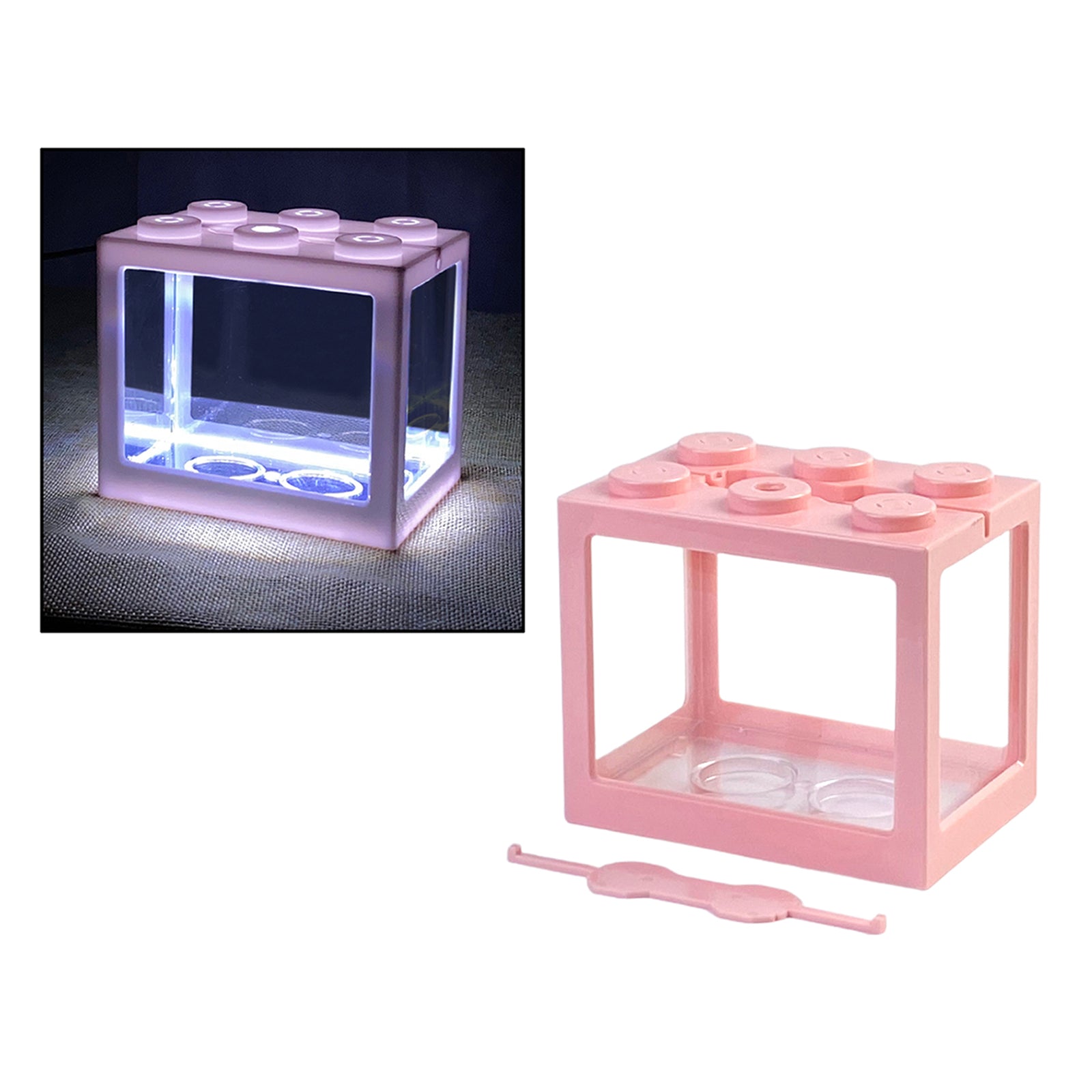 Mini Fish Tank LED Light Clear Ornament Aquarium Office Desktop Decor Pink