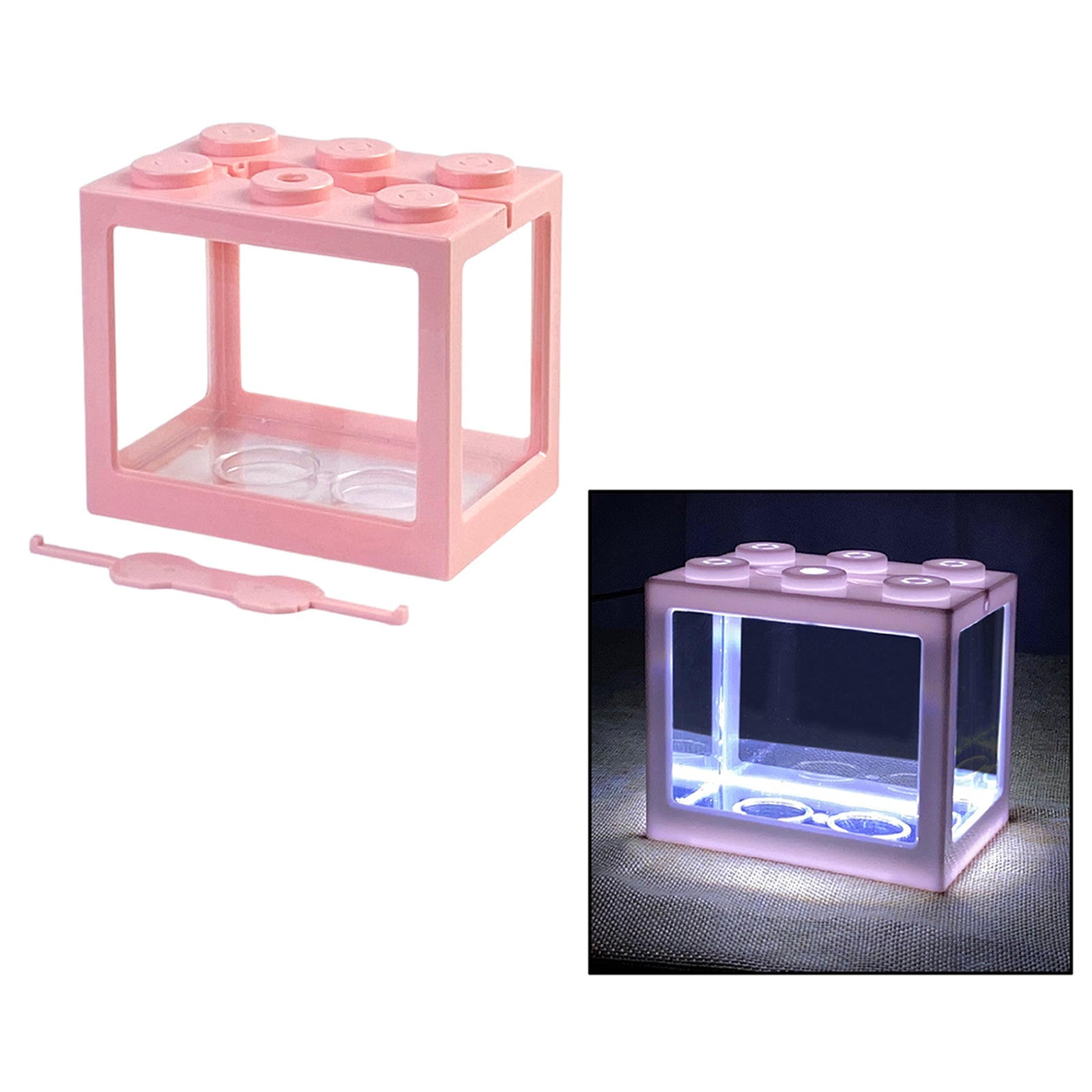 Mini Fish Tank LED Light Clear Ornament Aquarium Office Desktop Decor Pink