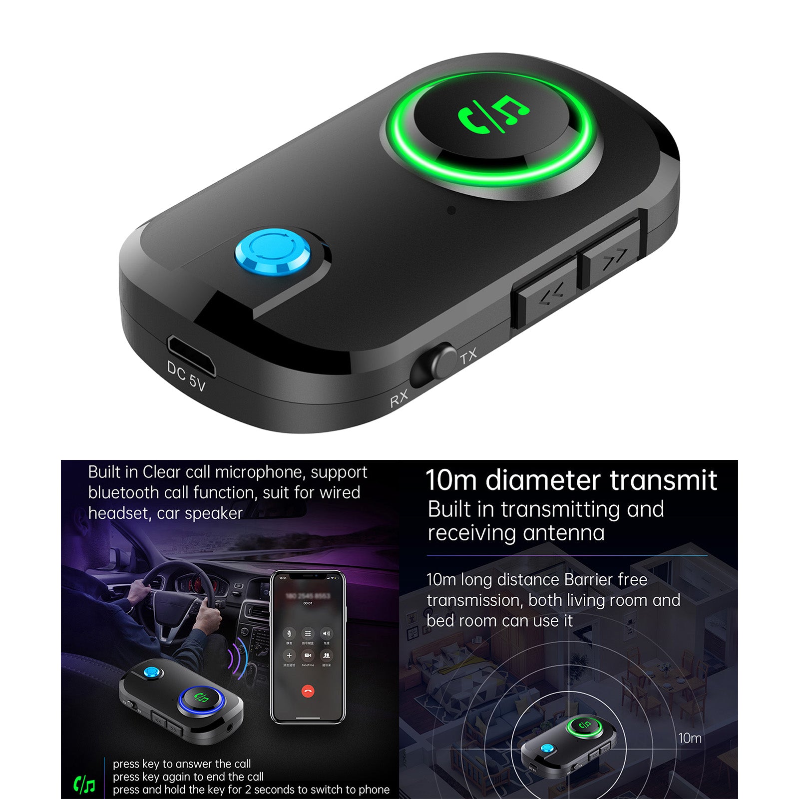 Low Latency Car  5.0 Adapter Transmitter & Receiver Multifunction