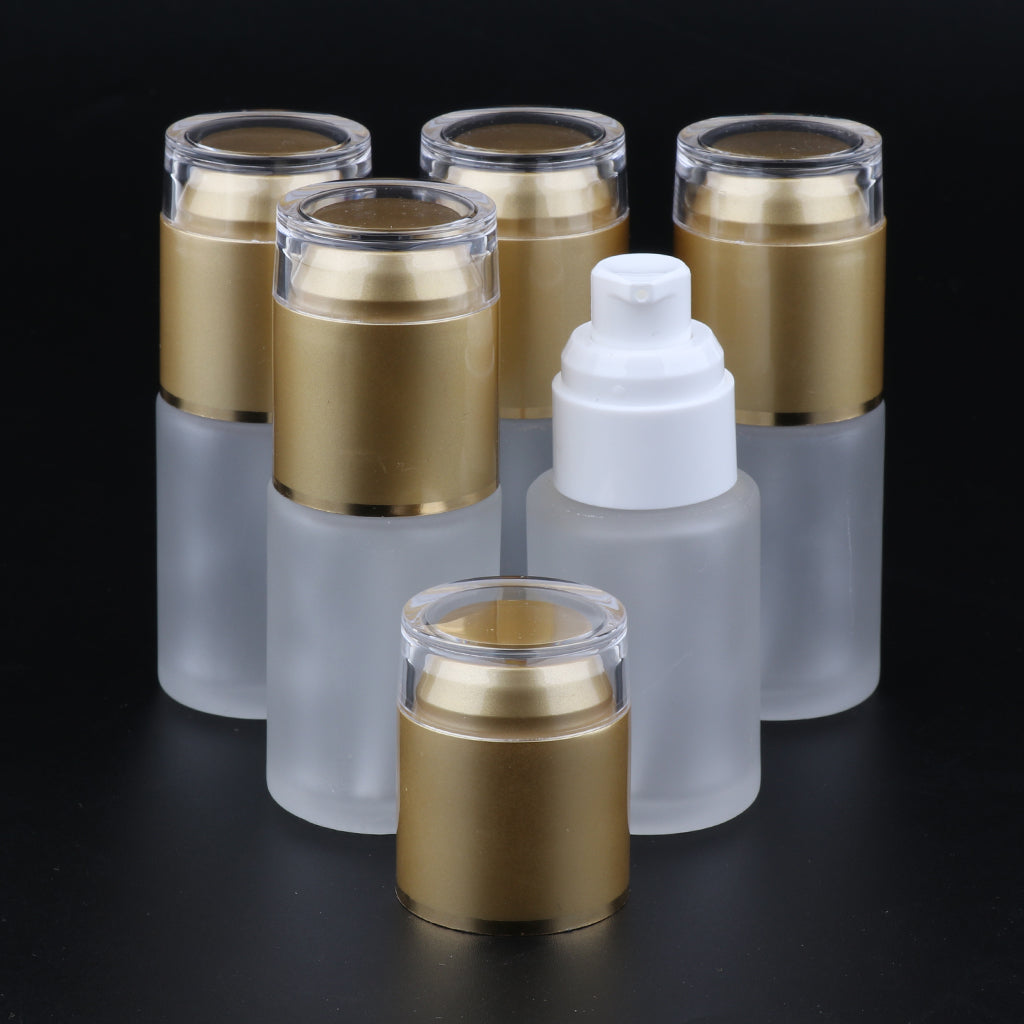 5Pcs Glass Pump Bottles Refillable Cosmetic Container Leak Proof 30ml Golden