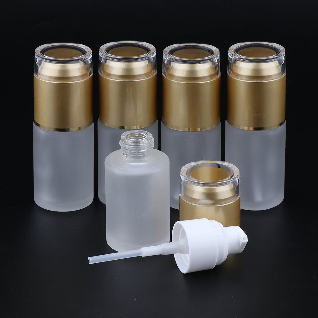 5Pcs Glass Pump Bottles Refillable Cosmetic Container Leak Proof 30ml Golden