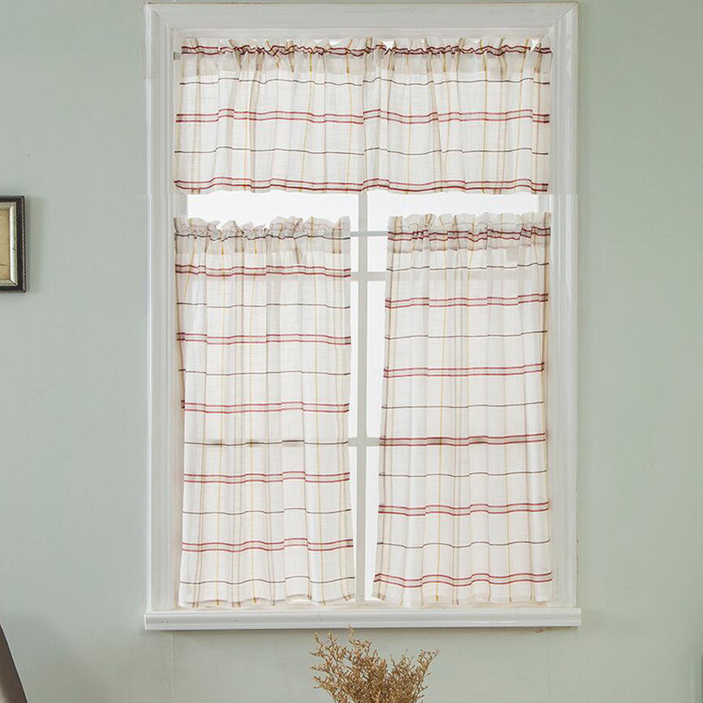 Rod Pocket Checked Linen Window Voile Curtain Valance Tier Red 137x61cm