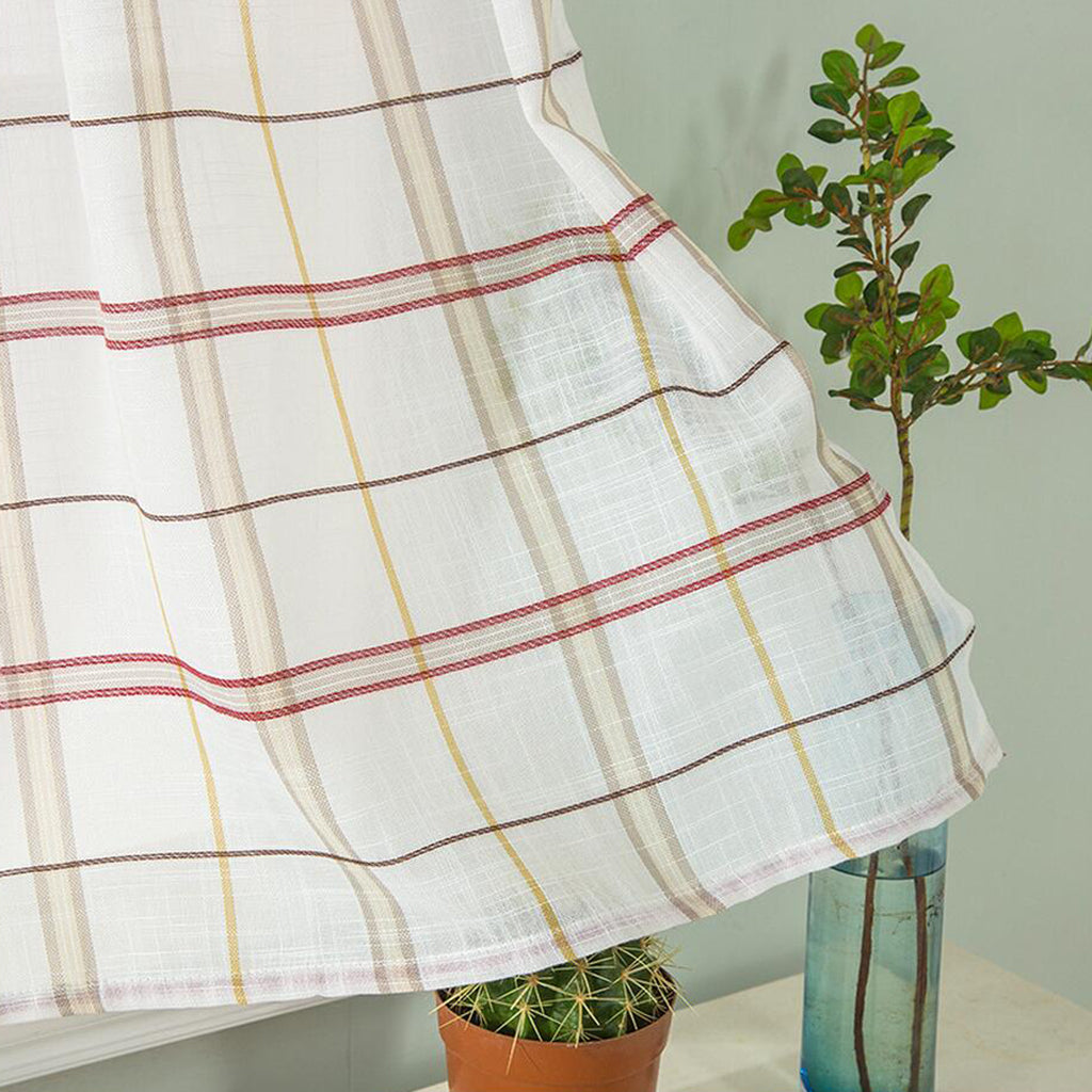 Rod Pocket Checked Linen Window Voile Curtain Valance Tier Red 137x61cm