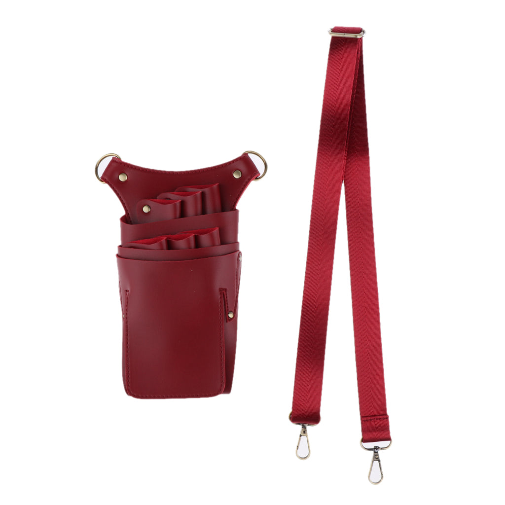 PU Leather Hair Scissor Holster Bag Pouch Holder with Waist Belt Red