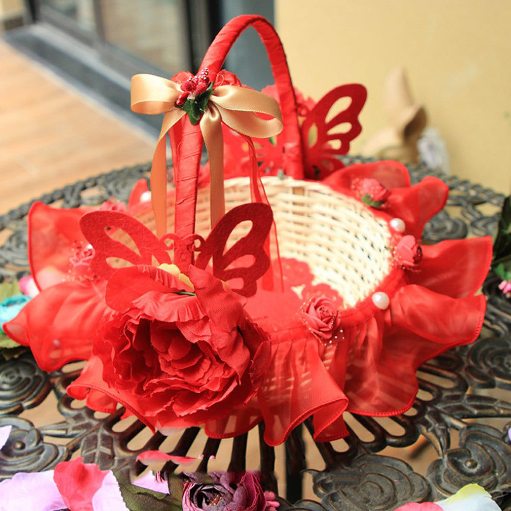 Rattan Lace Peal Wedding Basket Flower Crystal Basket Party Decors Red