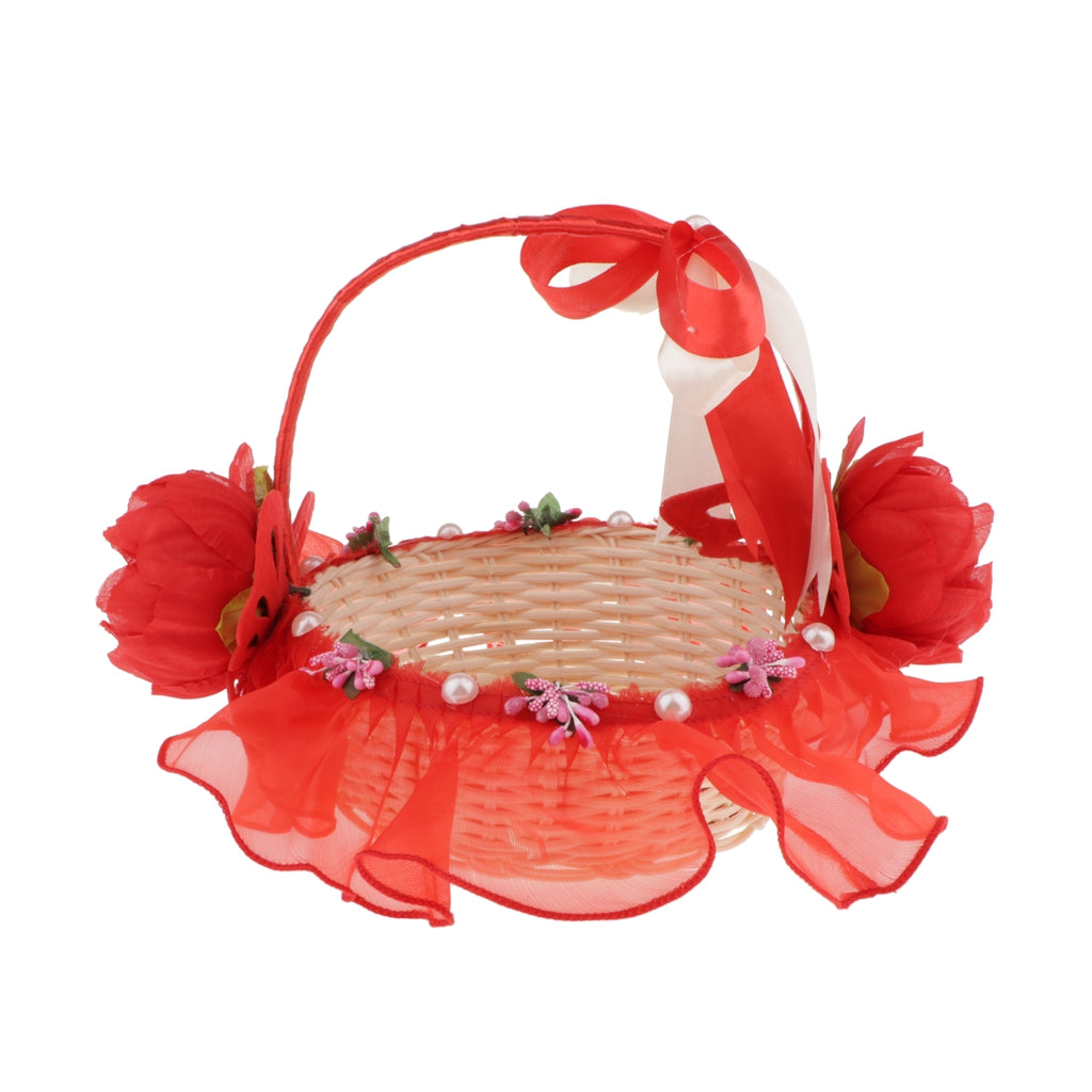 Rattan Lace Peal Wedding Basket Flower Crystal Basket Party Decors Red