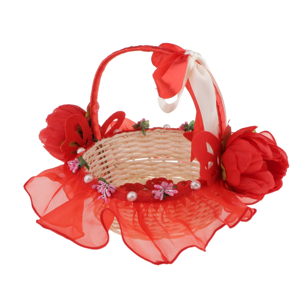 Rattan Lace Peal Wedding Basket Flower Crystal Basket Party Decors Red