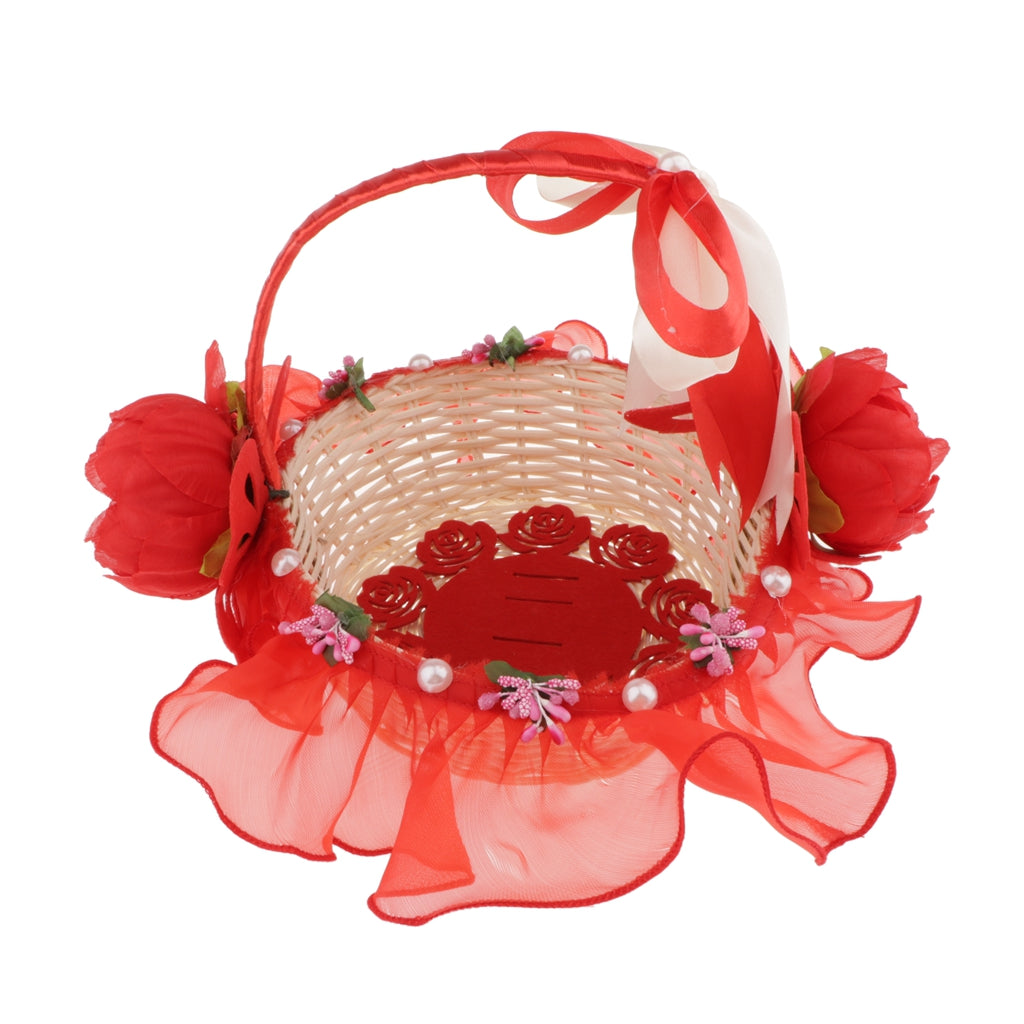 Rattan Lace Peal Wedding Basket Flower Crystal Basket Party Decors Red