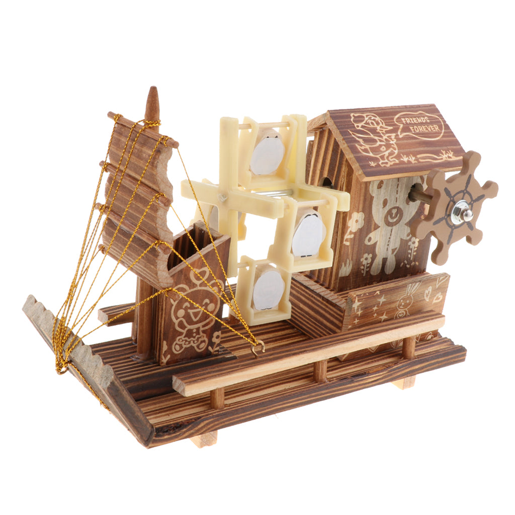 Wooden House Windmill Sailboat Pen Holder Music Box Gift for Children Kids