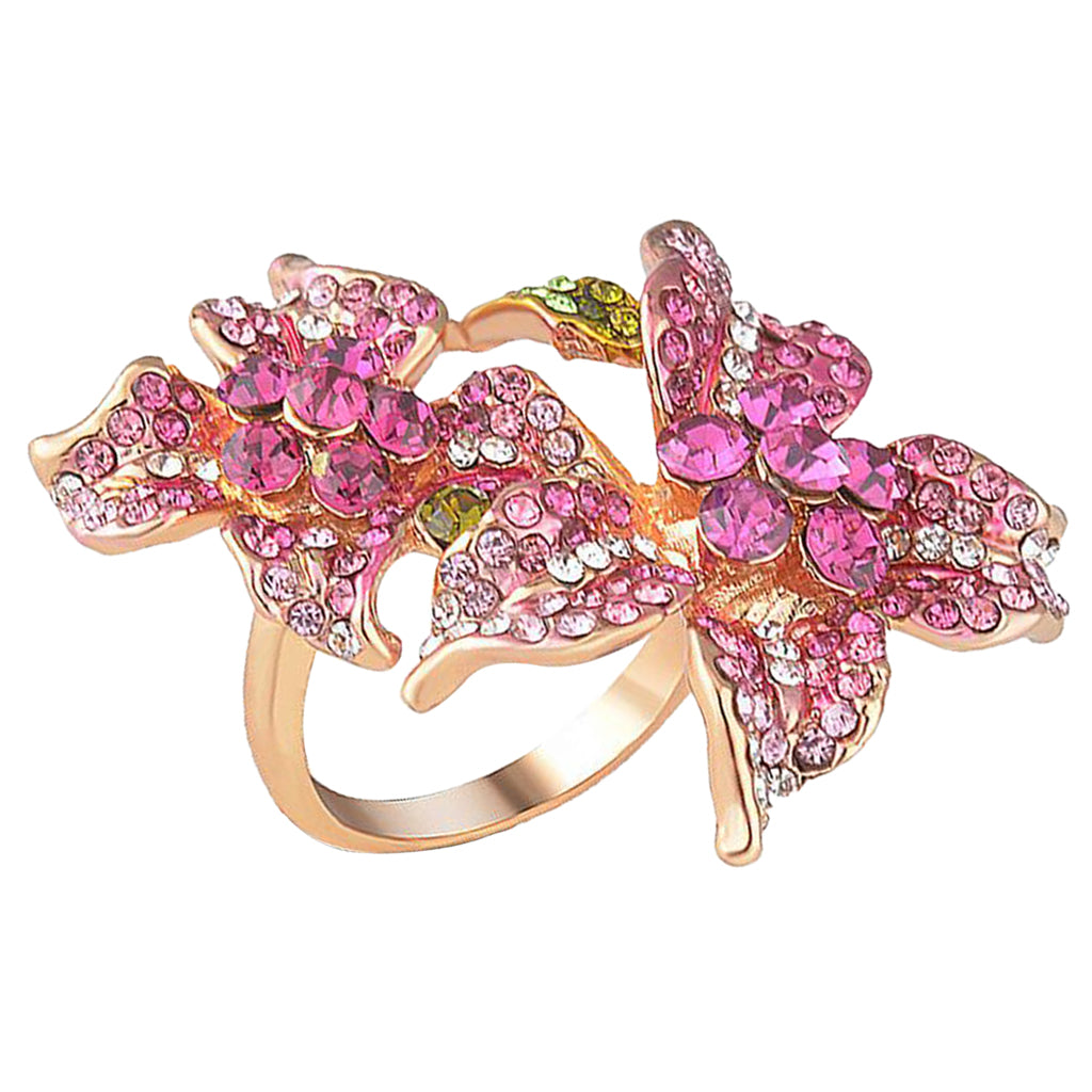 Women Gold Plated Alloy Ring Cubic Zirconia Crystal Flower Finger Ring 7