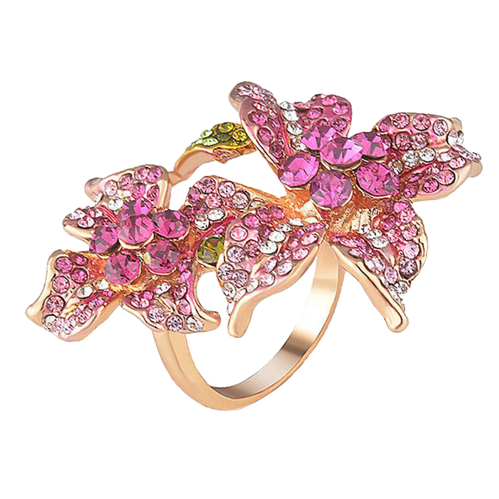 Women Gold Plated Alloy Ring Cubic Zirconia Crystal Flower Finger Ring 7