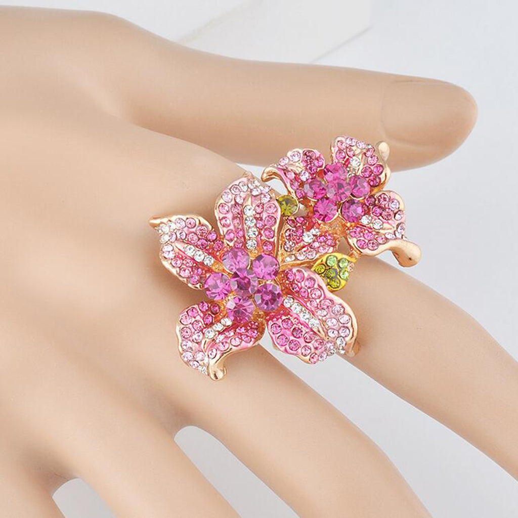 Women Gold Plated Alloy Ring Cubic Zirconia Crystal Flower Finger Ring 7