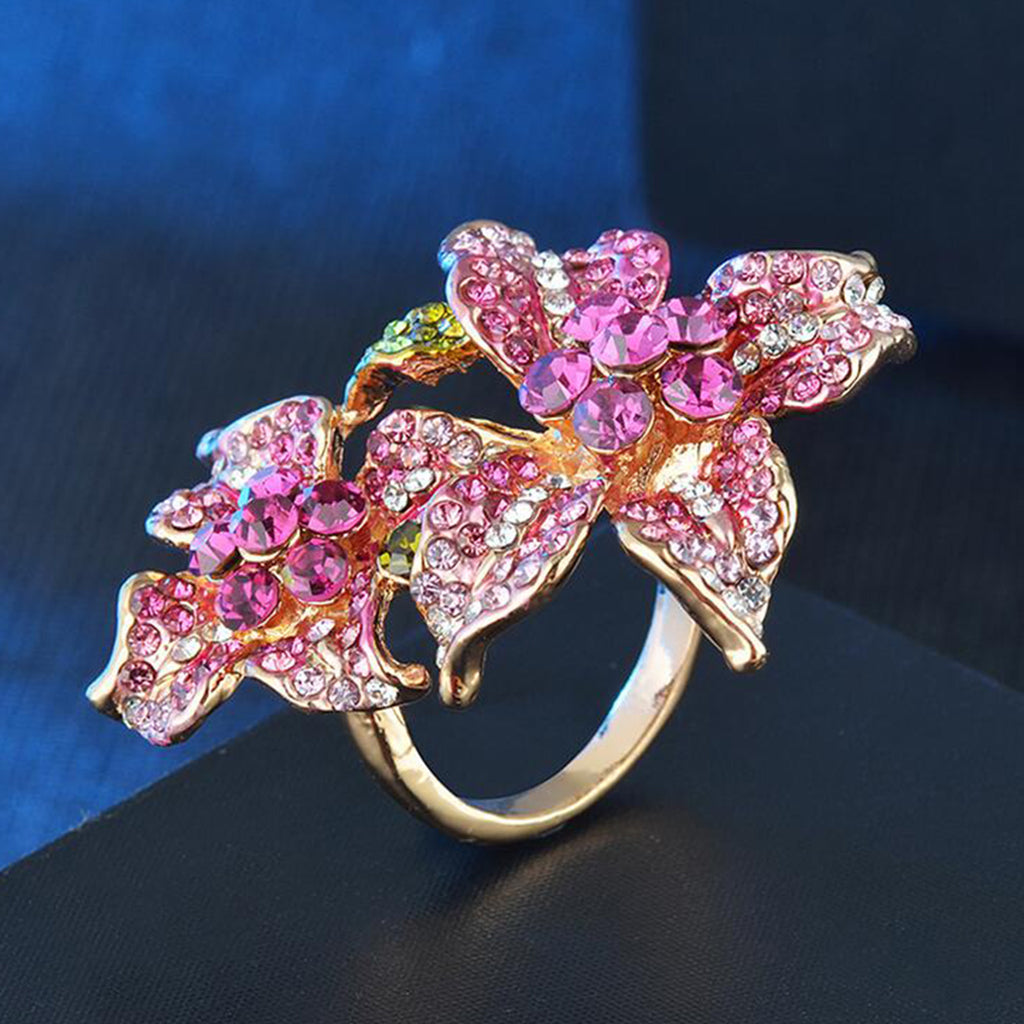 Women Gold Plated Alloy Ring Cubic Zirconia Crystal Flower Finger Ring 7