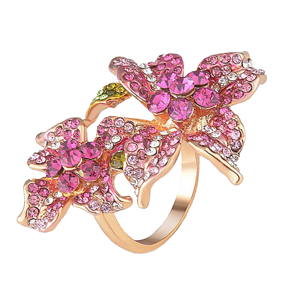 Women Gold Plated Alloy Ring Cubic Zirconia Crystal Flower Finger Ring 7