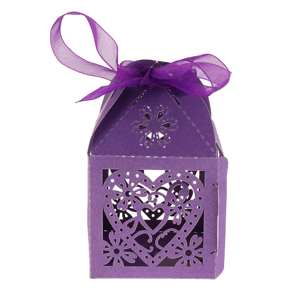 50x Heart Flower Hollow Out Candy Gift Boxes with Bow Ribbons Decor Purple