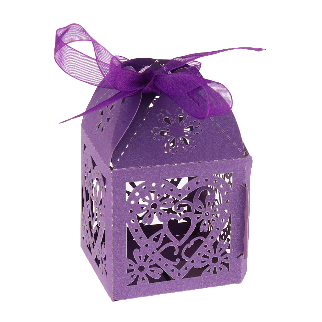 50x Heart Flower Hollow Out Candy Gift Boxes with Bow Ribbons Decor Purple