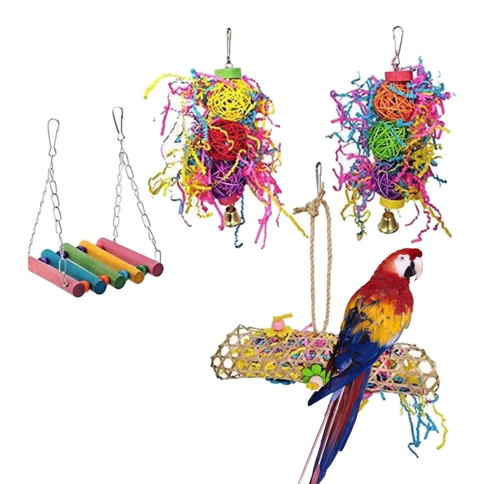 4pcs Pet Parrot Bird Toys Budgie Cockatiel Chew Hanging Swing Wooden Toy