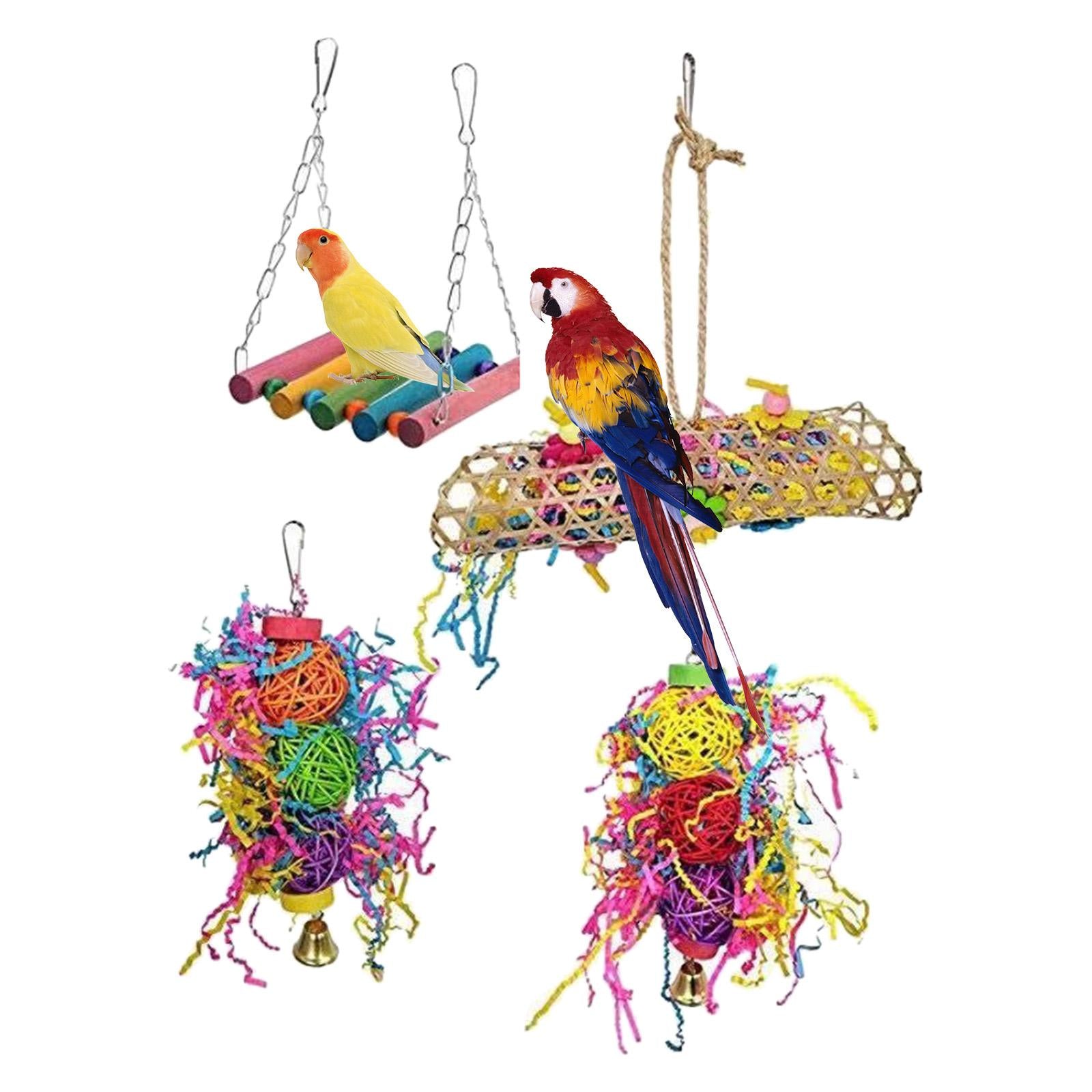 4pcs Pet Parrot Bird Toys Budgie Cockatiel Chew Hanging Swing Wooden Toy