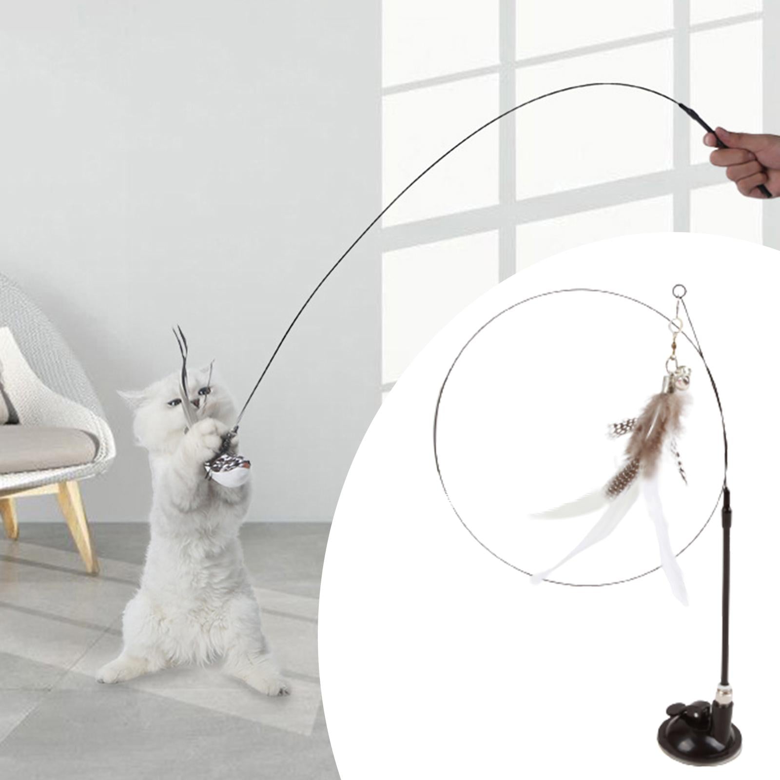 Cat Stick Toy with Suction Cup Long Pole Bells Steel Wire Catcher Play Gift Suction Cup White