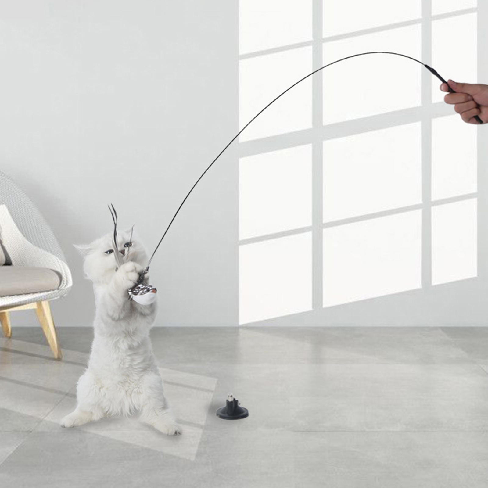 Cat Stick Toy with Suction Cup Long Pole Bells Steel Wire Catcher Play Gift Suction Cup White