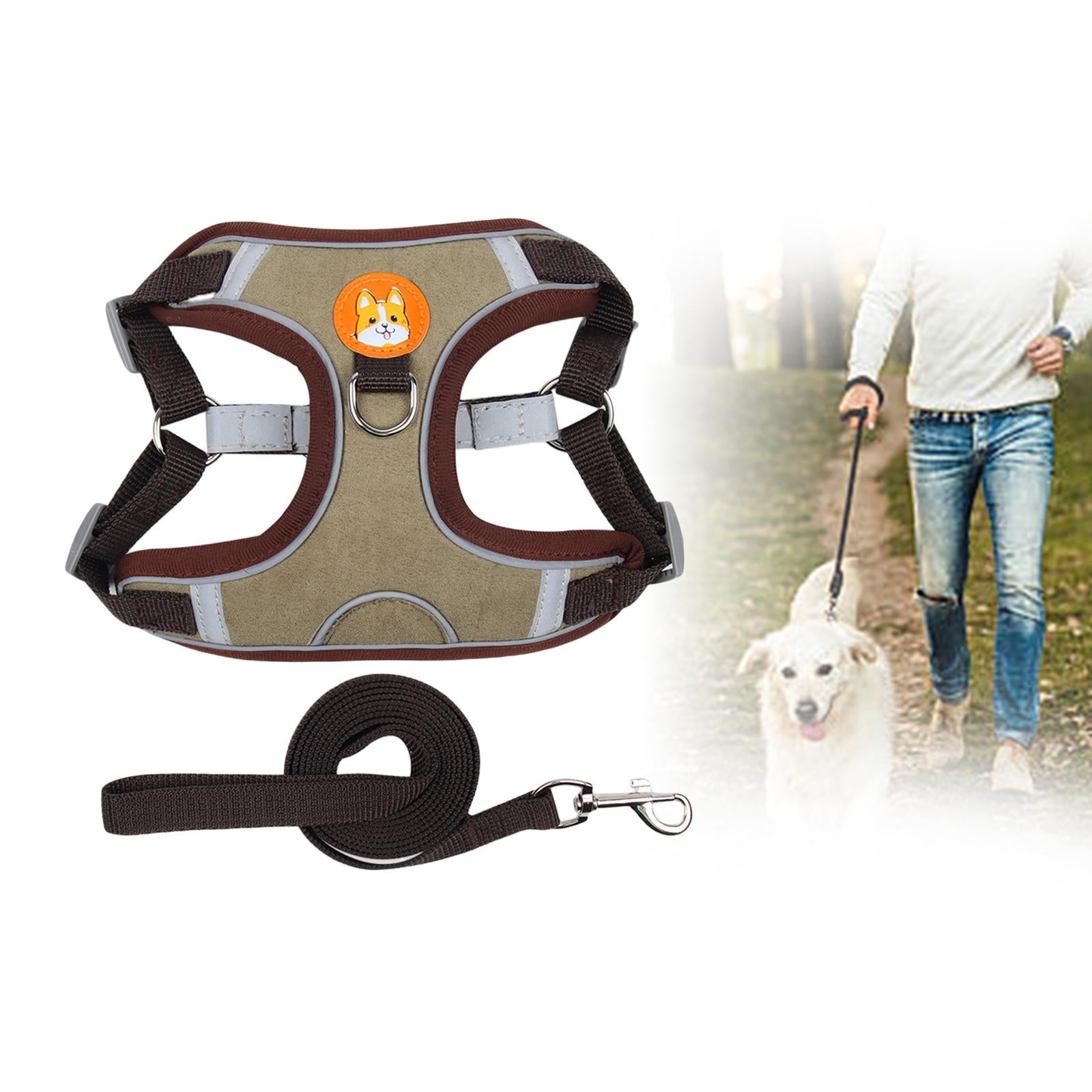 Dog Harness Leashs Set Soft Padded Adjustable for Puppy Reflective Brown XL