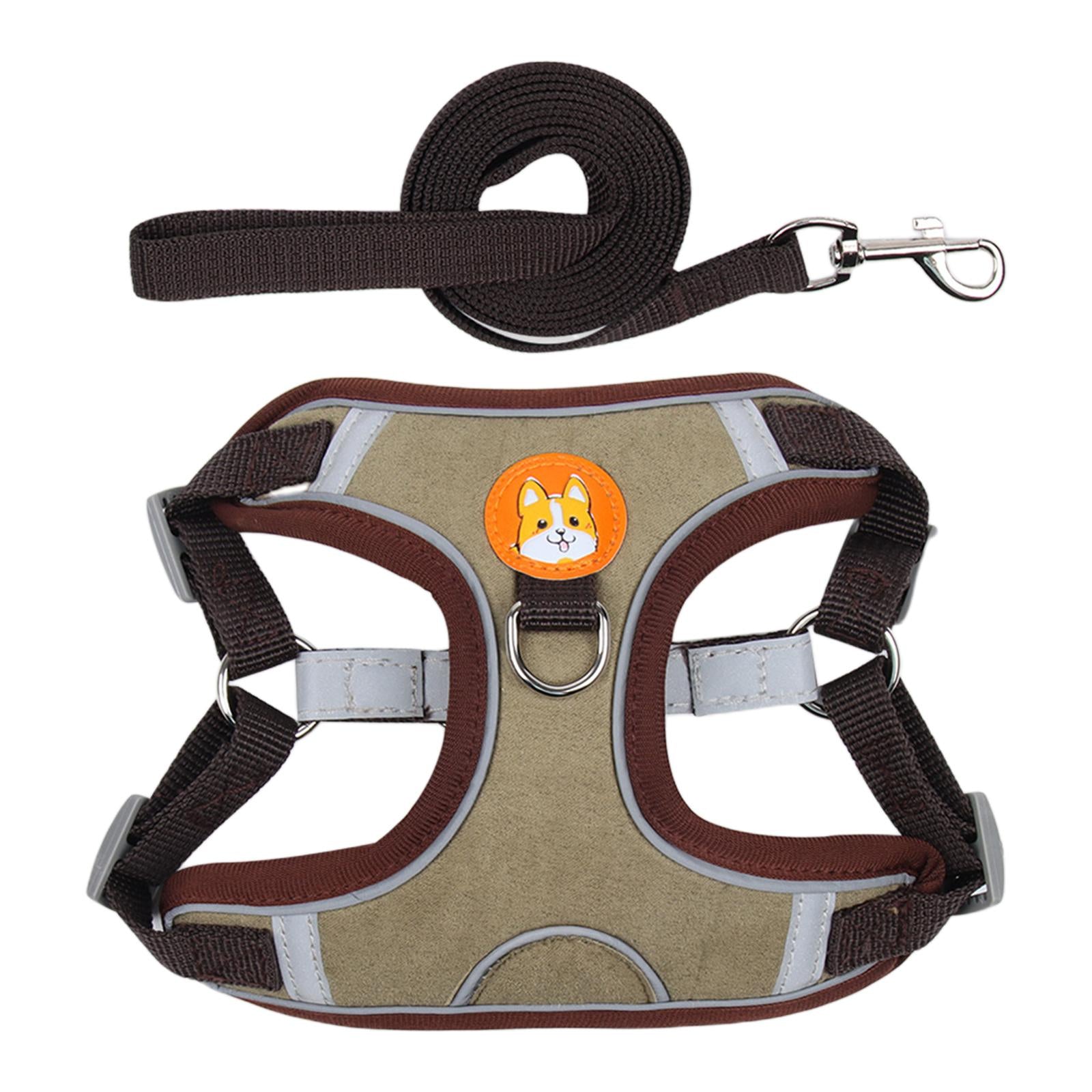 Dog Harness Leashs Set Soft Padded Adjustable for Puppy Reflective Brown XL